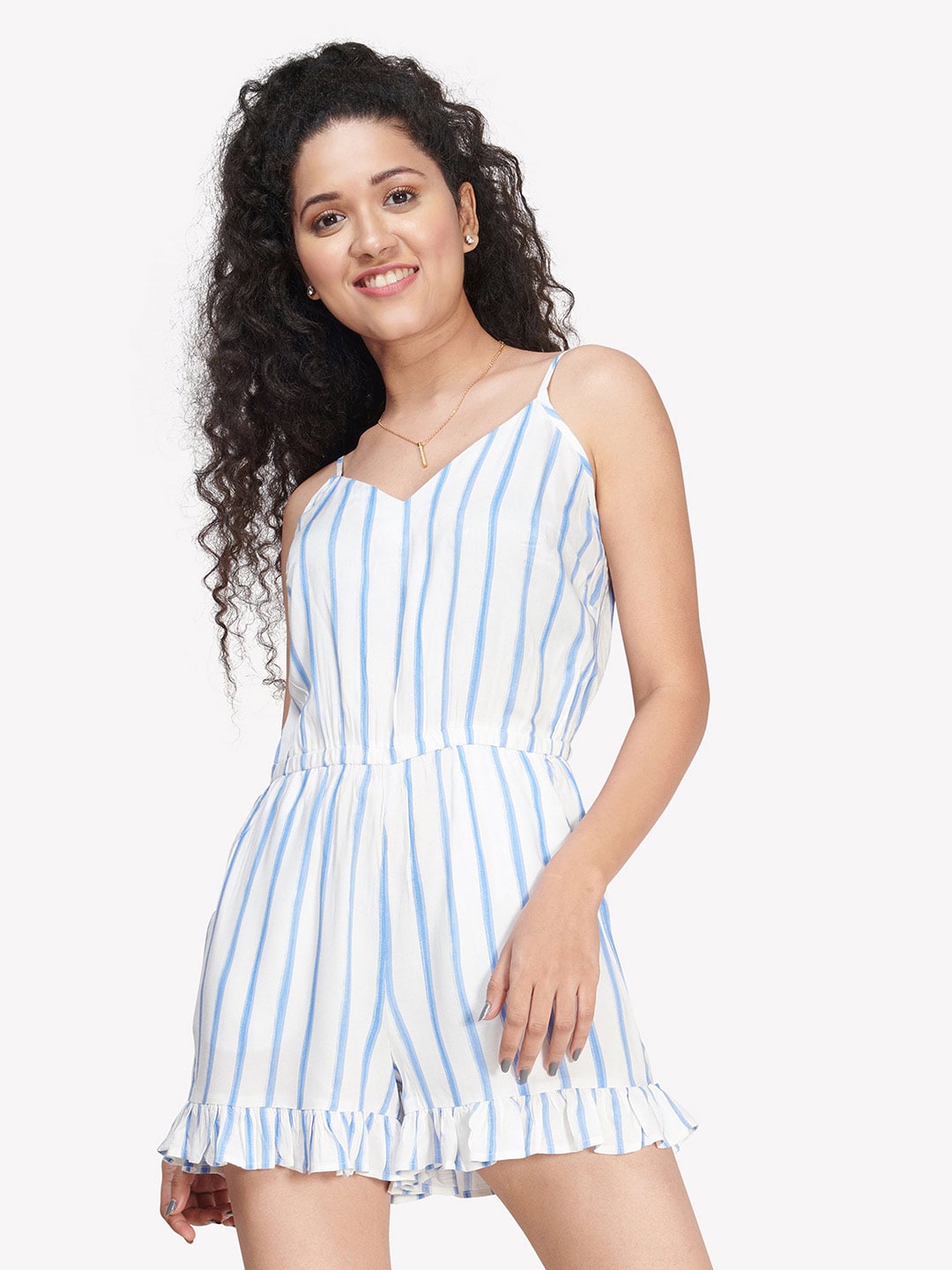 VASTRADO Women White & Blue Striped Printed Cotton Jumpsuit Price in India