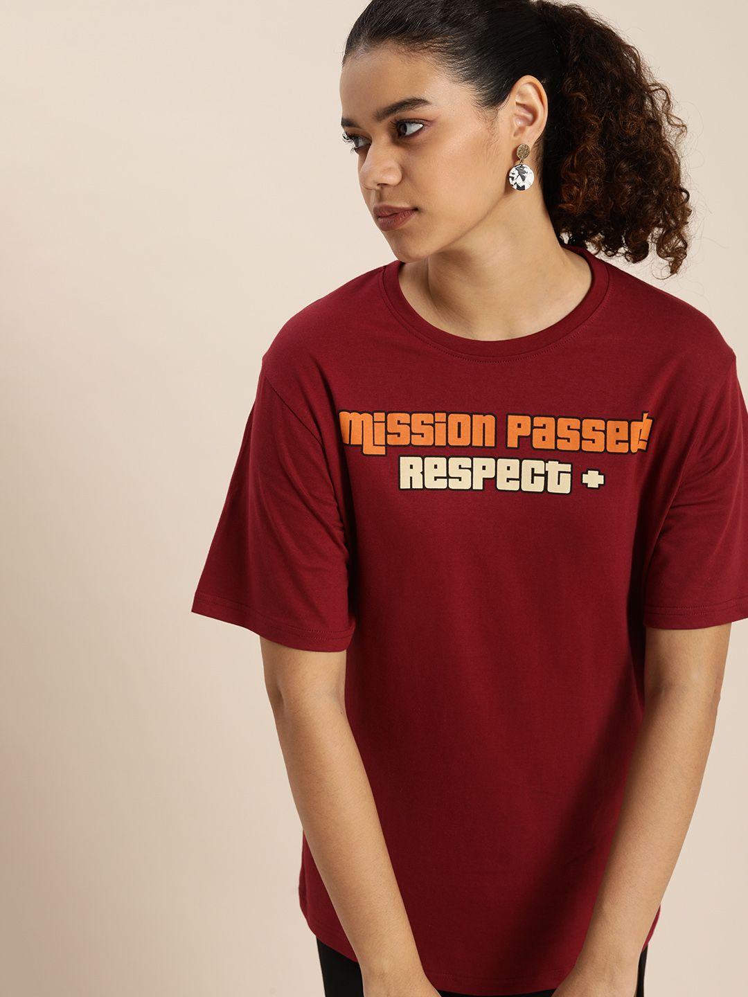 Difference of Opinion Women Maroon Typography Printed Pure Cotton Loose T-shirt Price in India