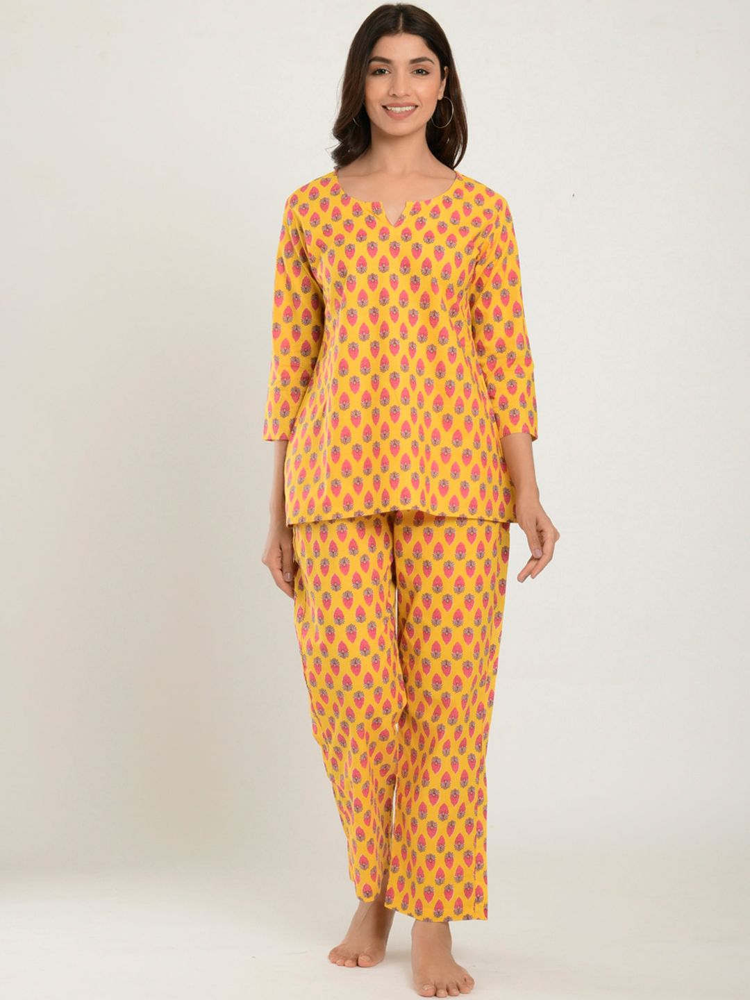CRAFIQA Women Yellow & Pink Printed Night suit Price in India