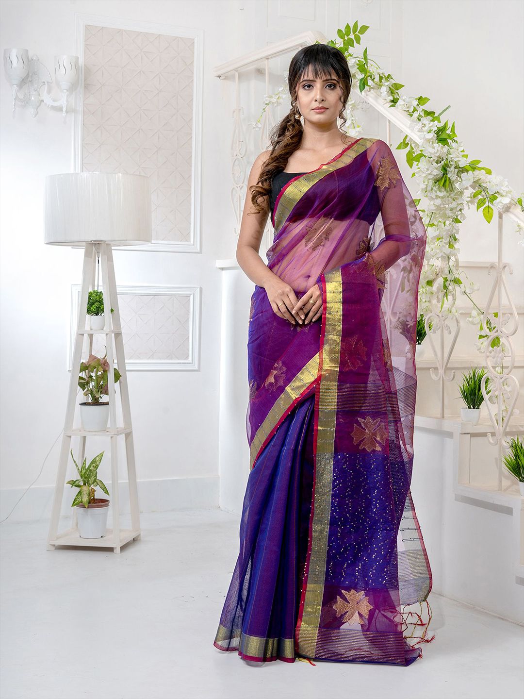 Charukriti Blue & Gold-Toned Woven Design Pure Silk Saree Price in India