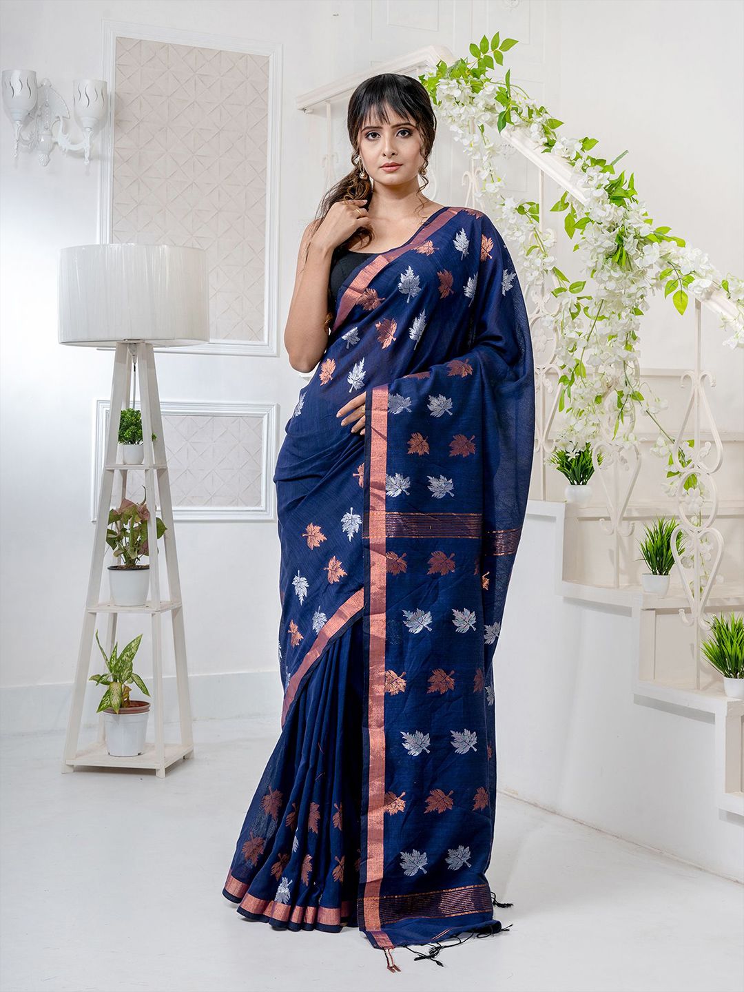 Charukriti Blue & Silver Ethnic Motifs Handloom Zari Pure Linen Saree Price in India