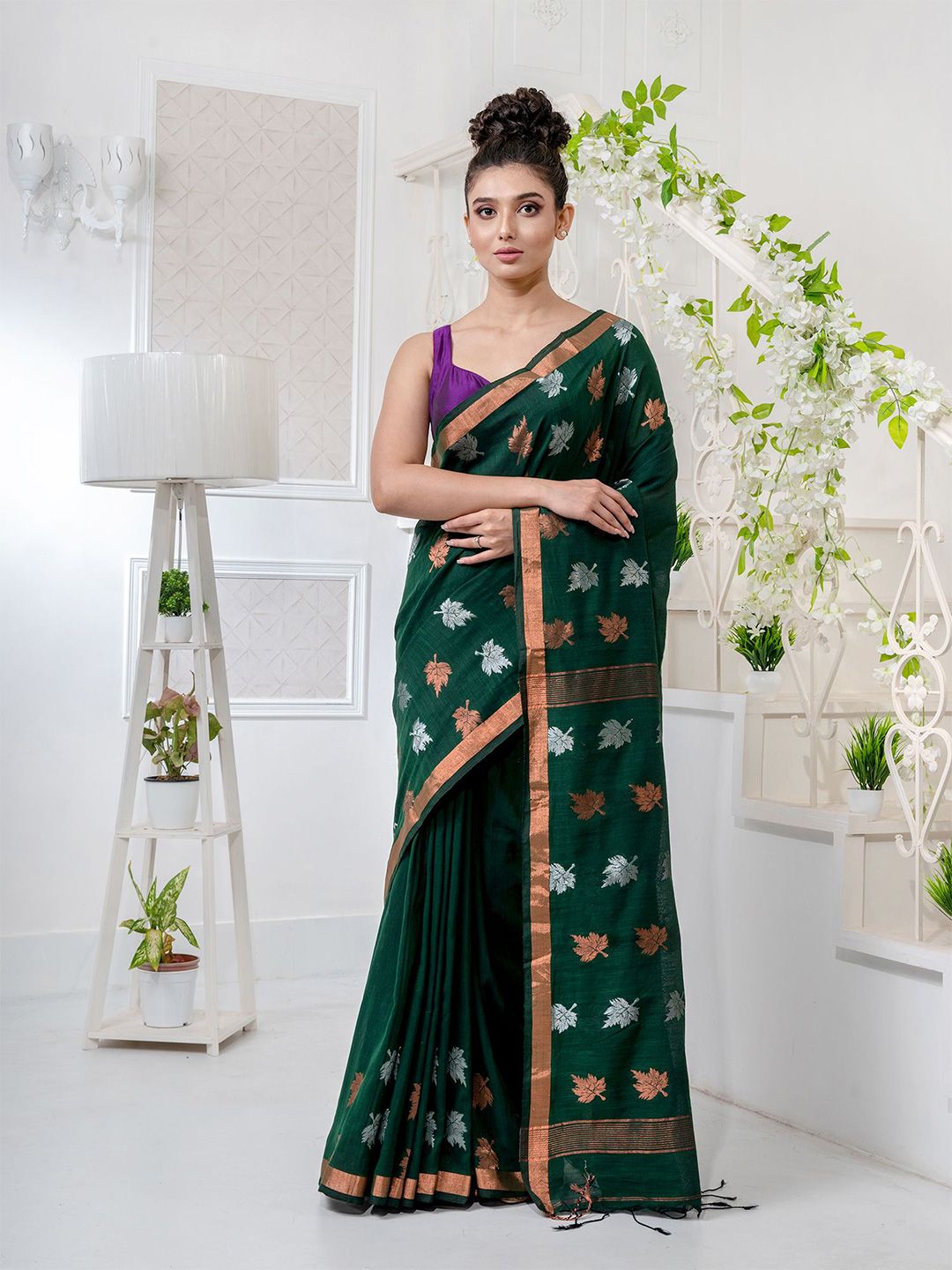 Charukriti Green & White Woven Design Pure Linen Saree Price in India