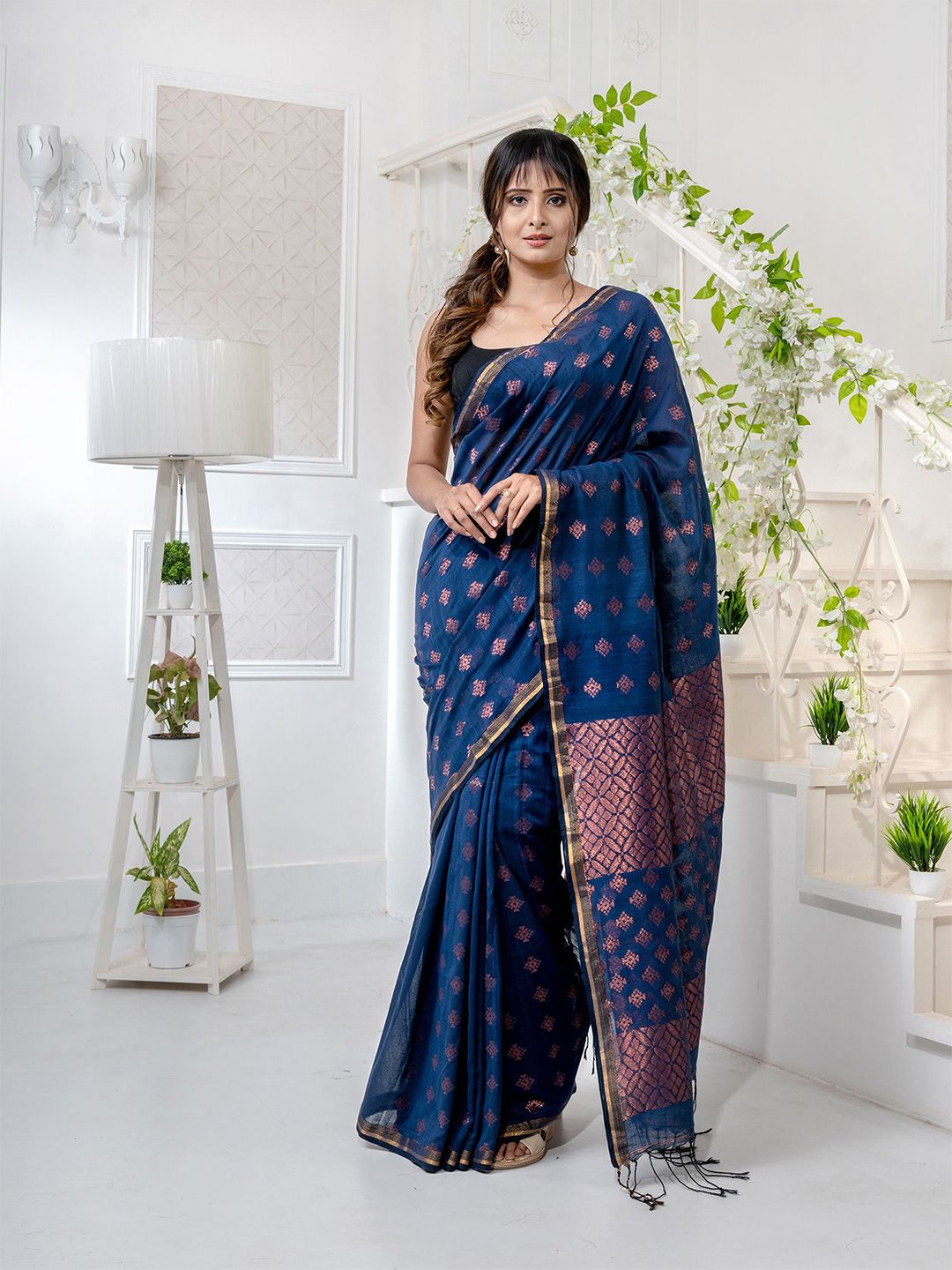 Charukriti Blue & Brown Floral Embroidered Pure Linen Saree Price in India