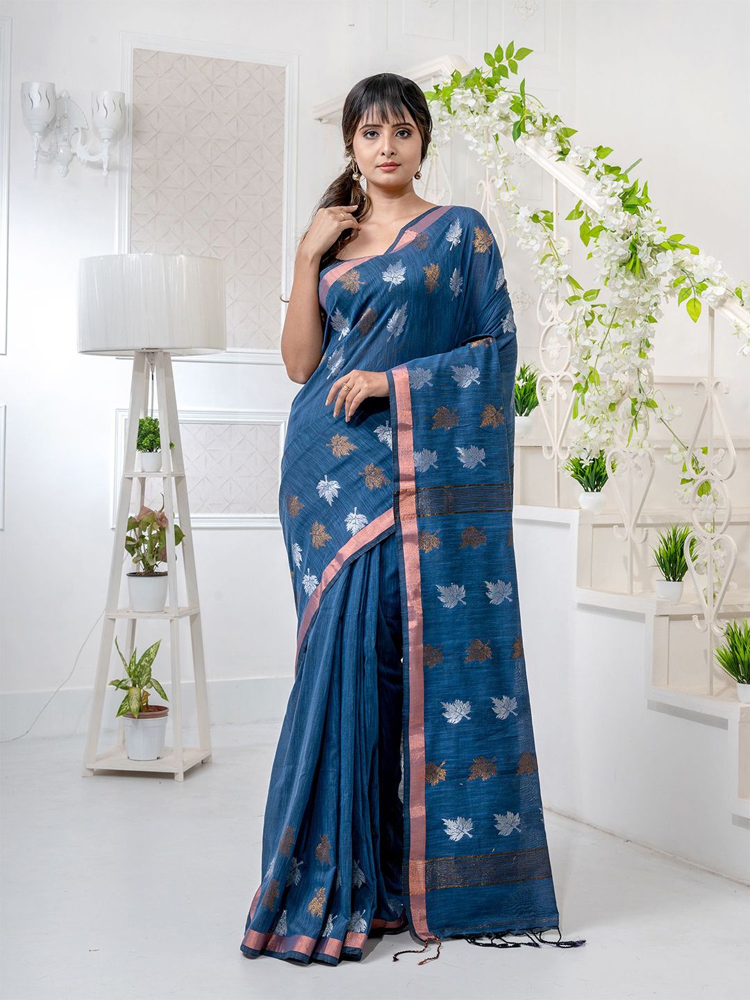 Charukriti Teal & White Woven Design Pure Linen Saree Price in India