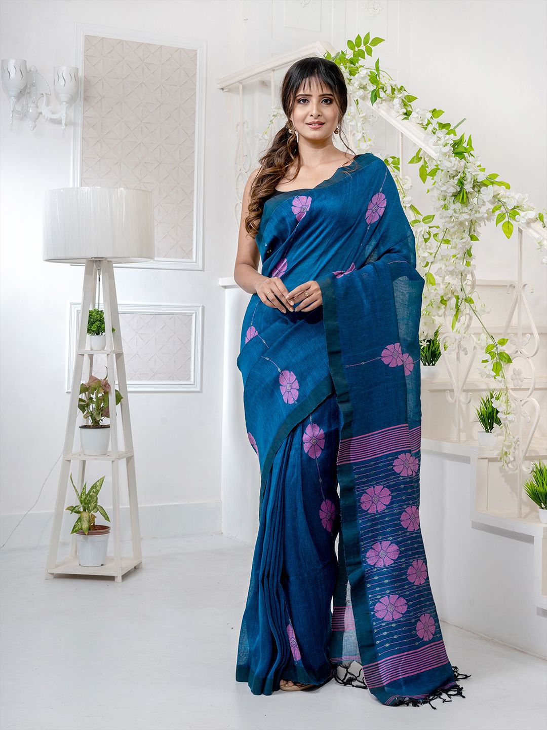 Charukriti Teal & Blue Floral Zari Pure Linen Saree Price in India