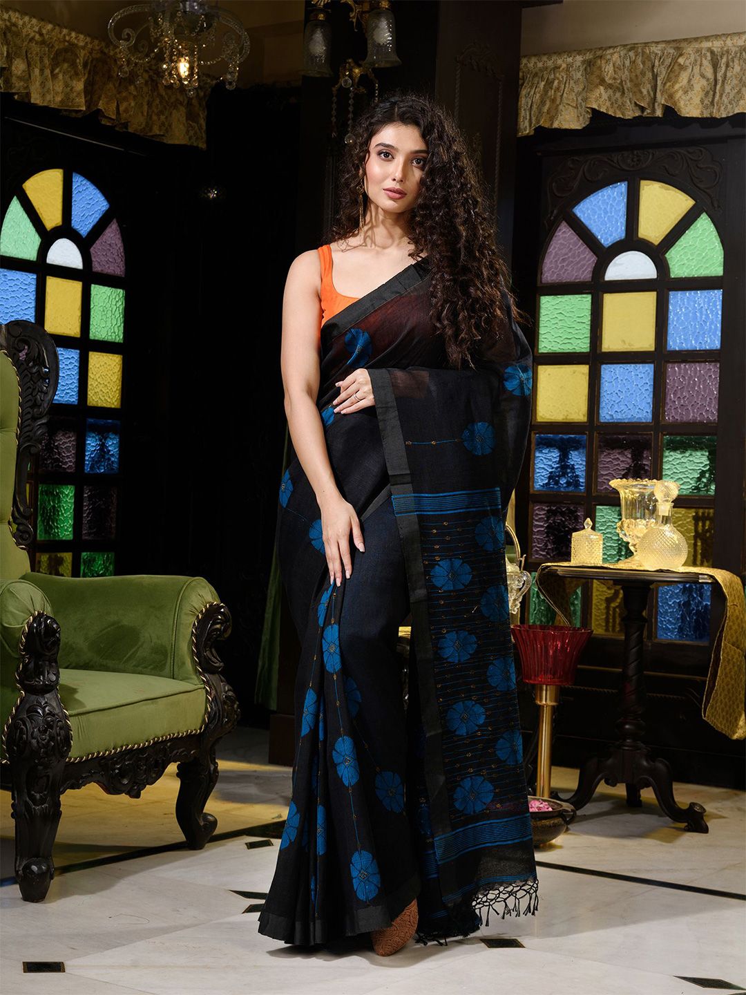 Charukriti Black & Blue Woven Design Pure Linen Saree Price in India