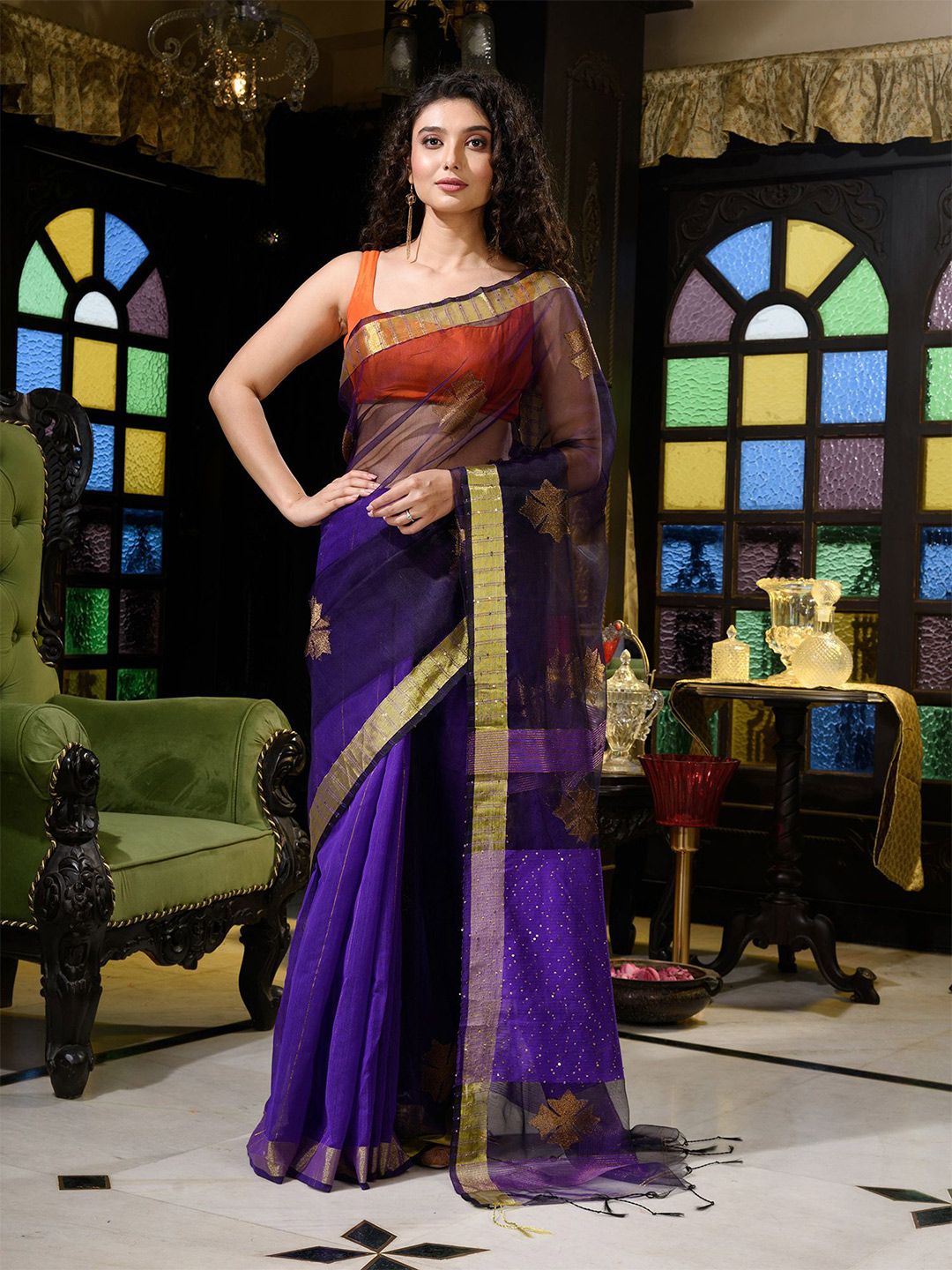 Charukriti Purple & Golden Embellished Pure Silk Saree Price in India