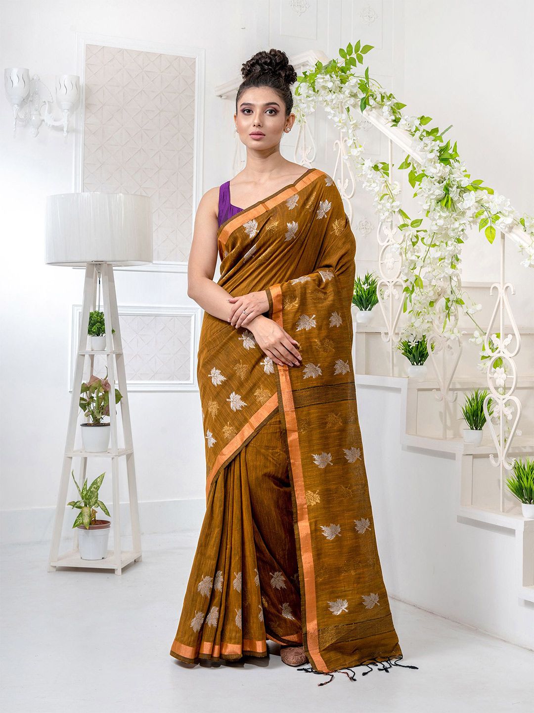 Charukriti Mustard & Silver-Toned Woven Design Zari Pure Linen Saree Price in India