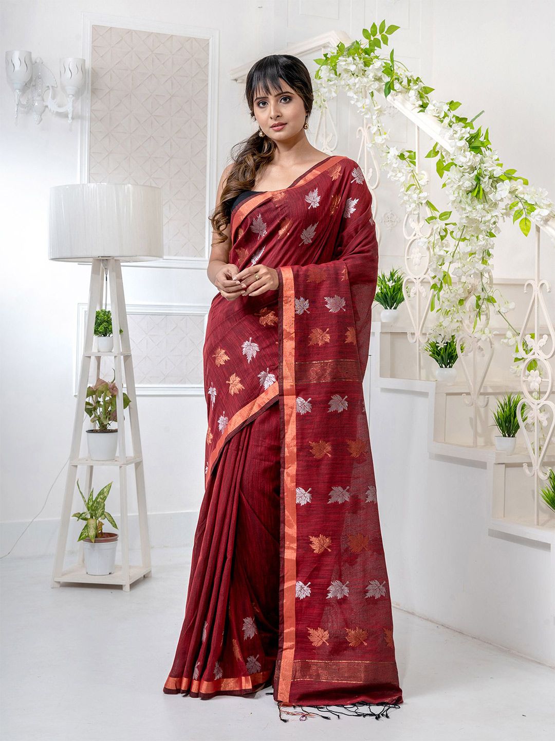 Charukriti Red & Copper-Toned Woven Design Pure Linen Saree Price in India