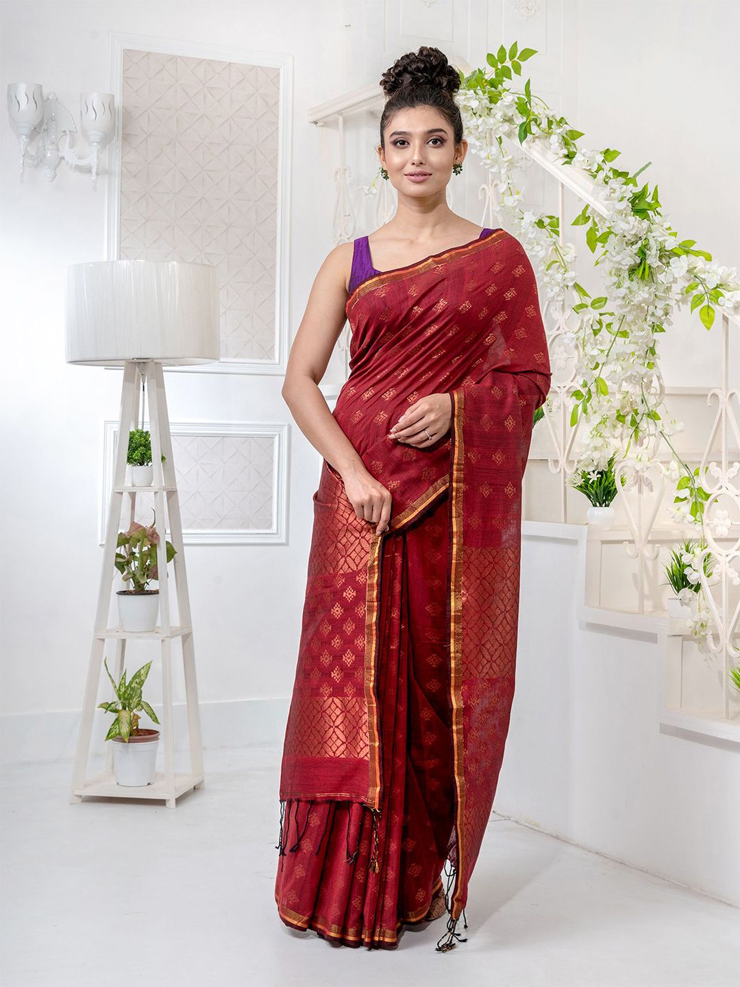 Charukriti Red & Golden Ethnic Motifs Handloom Zari Pure Linen Saree Price in India
