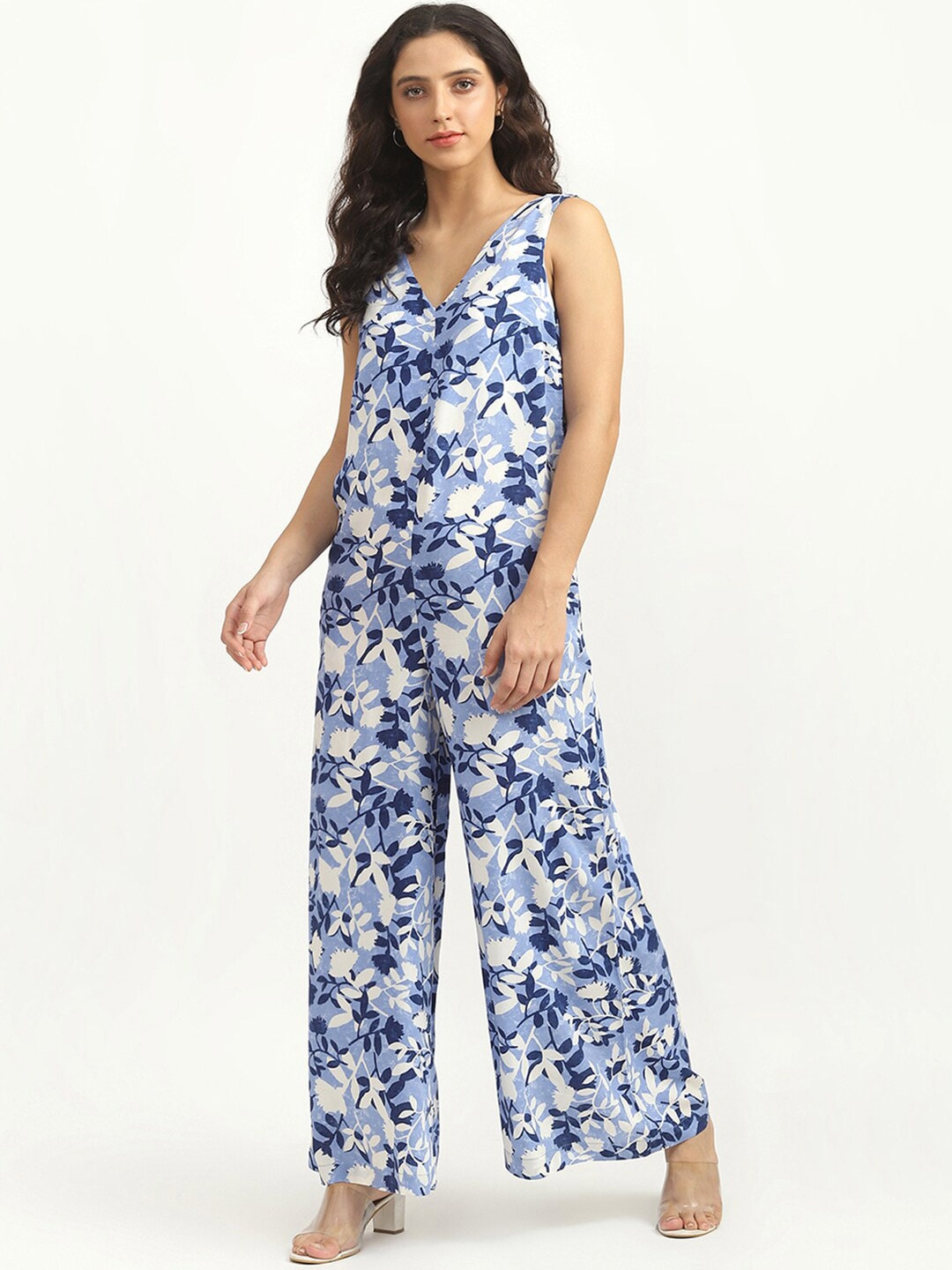 United Colors of Benetton Blue & White Printed Basic Jumpsuit Price in India