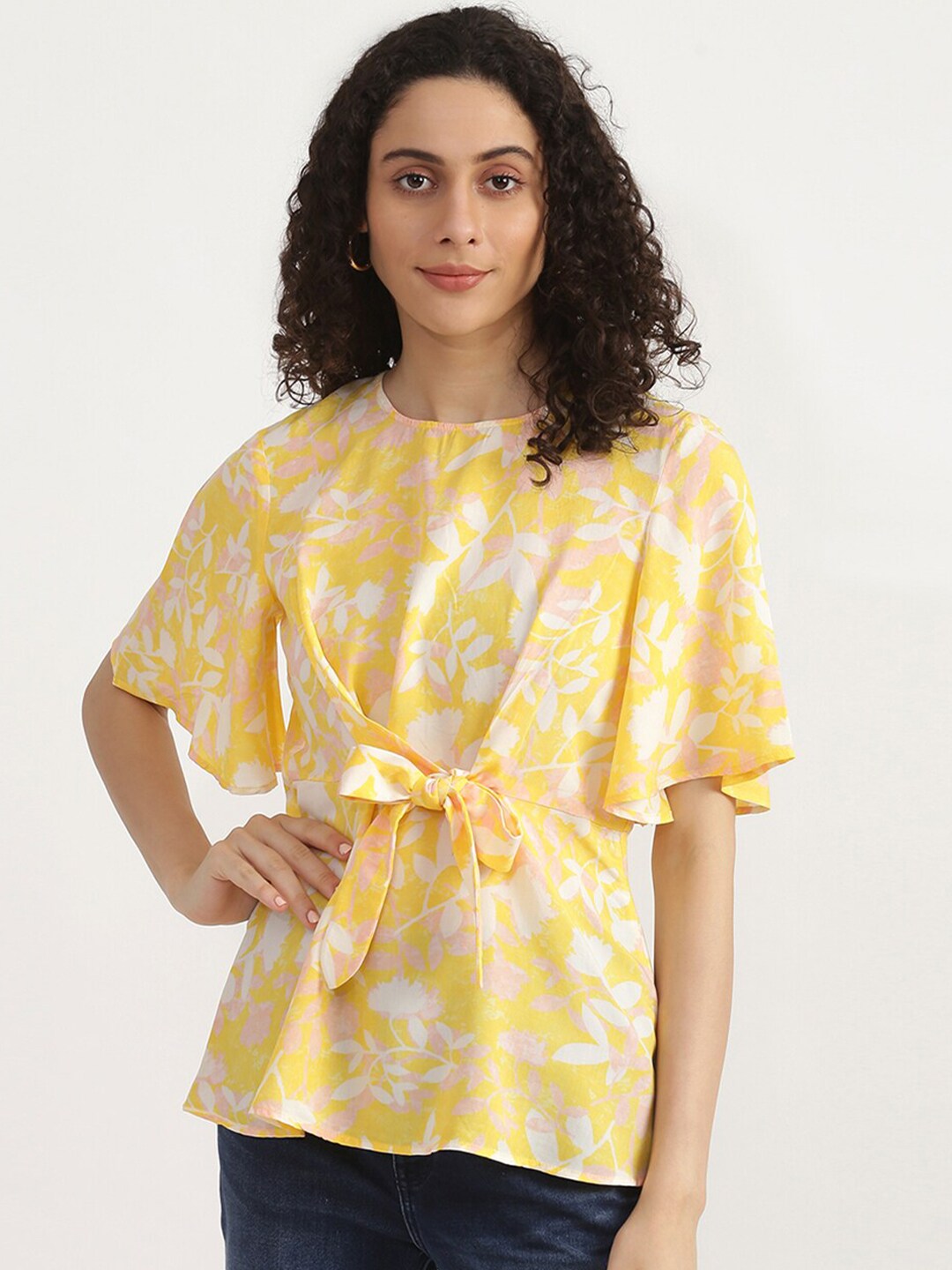 United Colors of Benetton Yellow & White Floral Print Cinched Waist Top Price in India