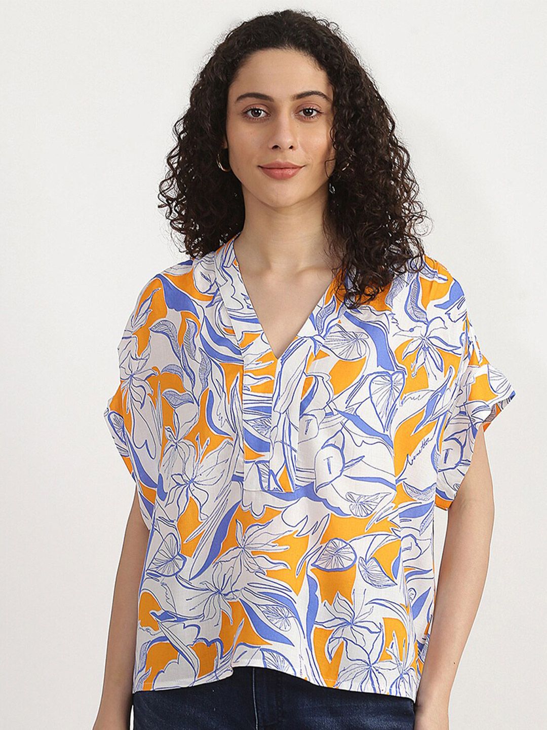 United Colors of Benetton White & Orange Print Kimono Sleeves Top Price in India