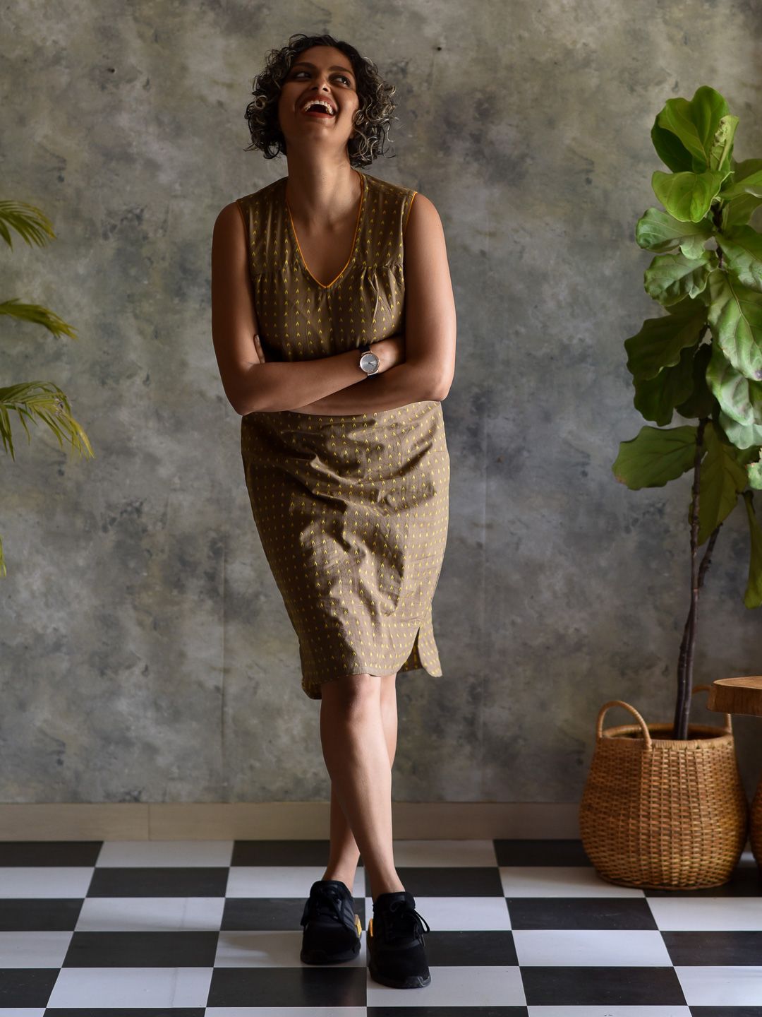 Suta Women Brown & Yellow Cotton A-Line Dress Price in India