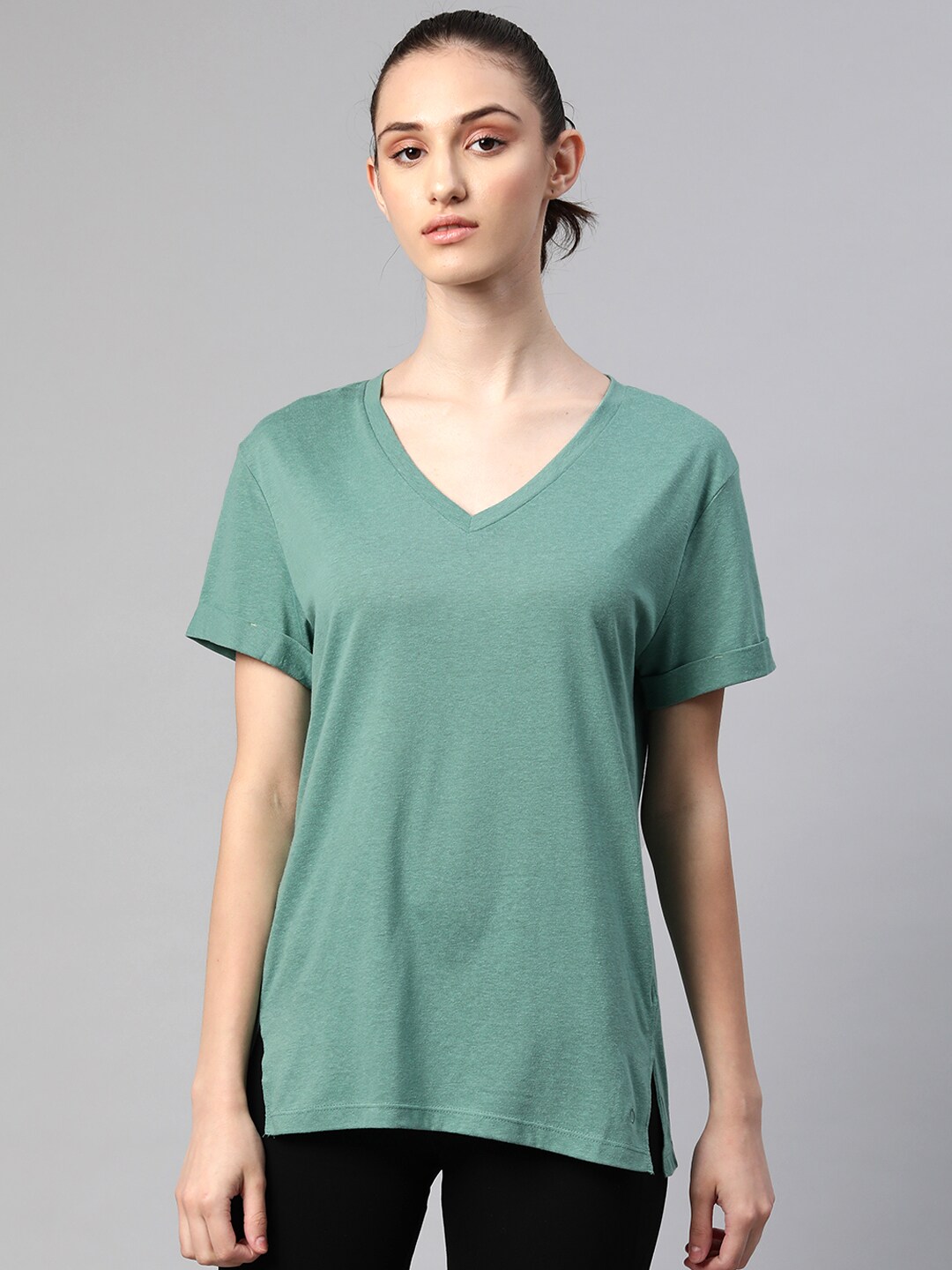 Marks & Spencer Women Sea Green Solid V-Neck T-shirt Price in India