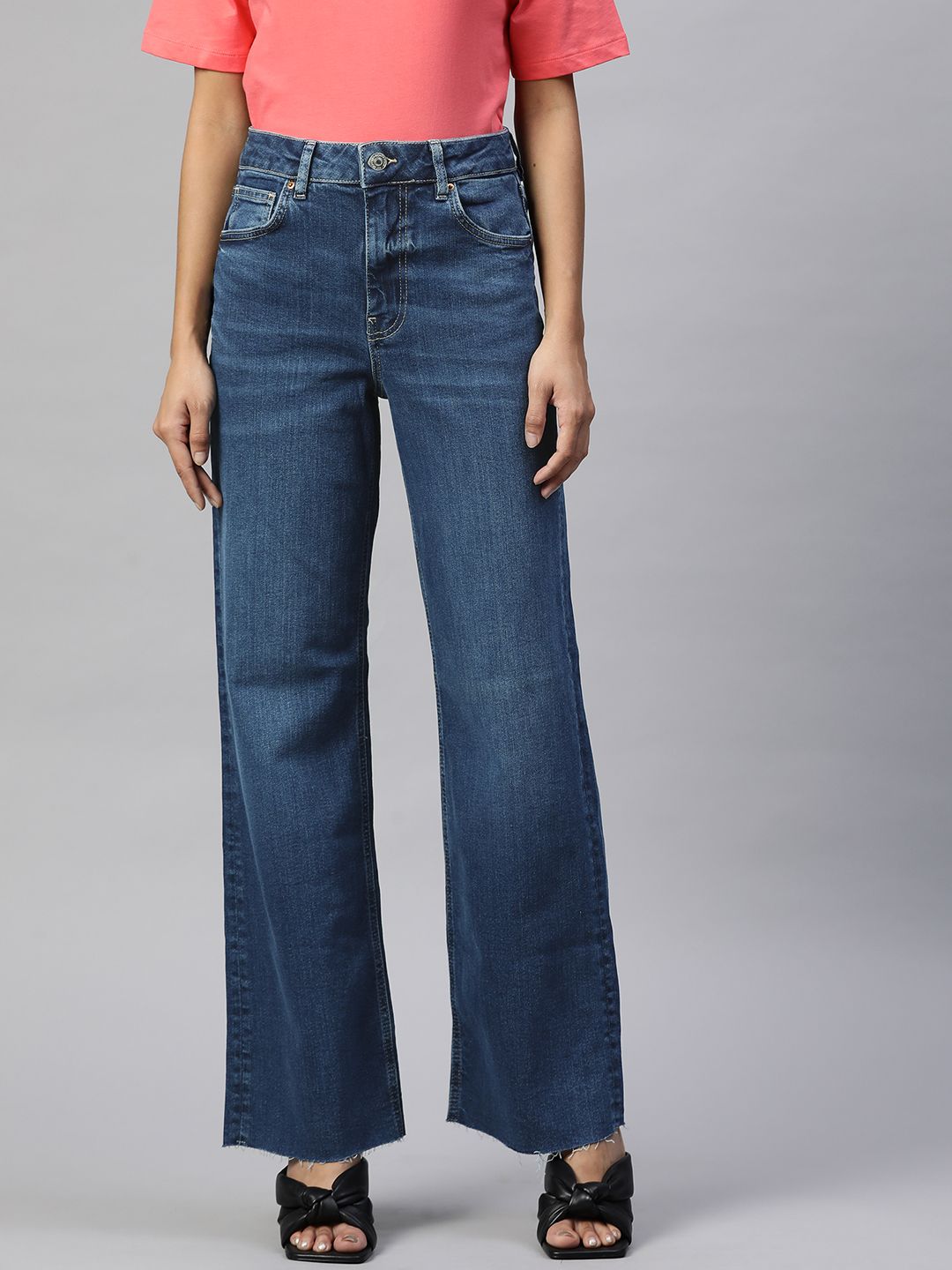 Marks & Spencer Women Blue Slim Wide Leg High-Rise Light Fade Stretchable Jeans Price in India