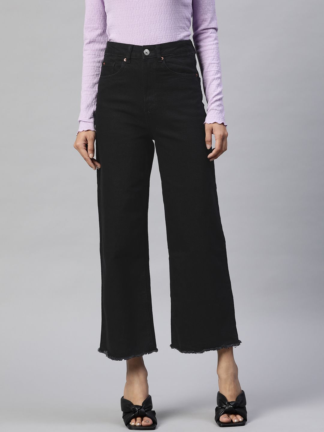 Marks & Spencer Women Black Wide Leg Cropped High-Rise Stretchable Jeans Price in India