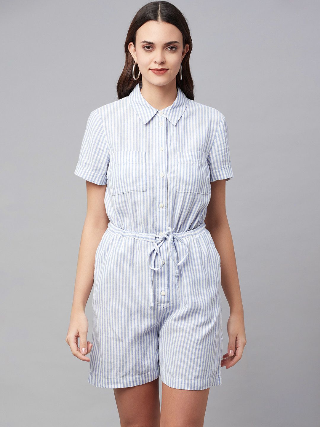 Marks & Spencer Women Blue & White Striped Waist Tie-Ups Jumpsuit Price in India