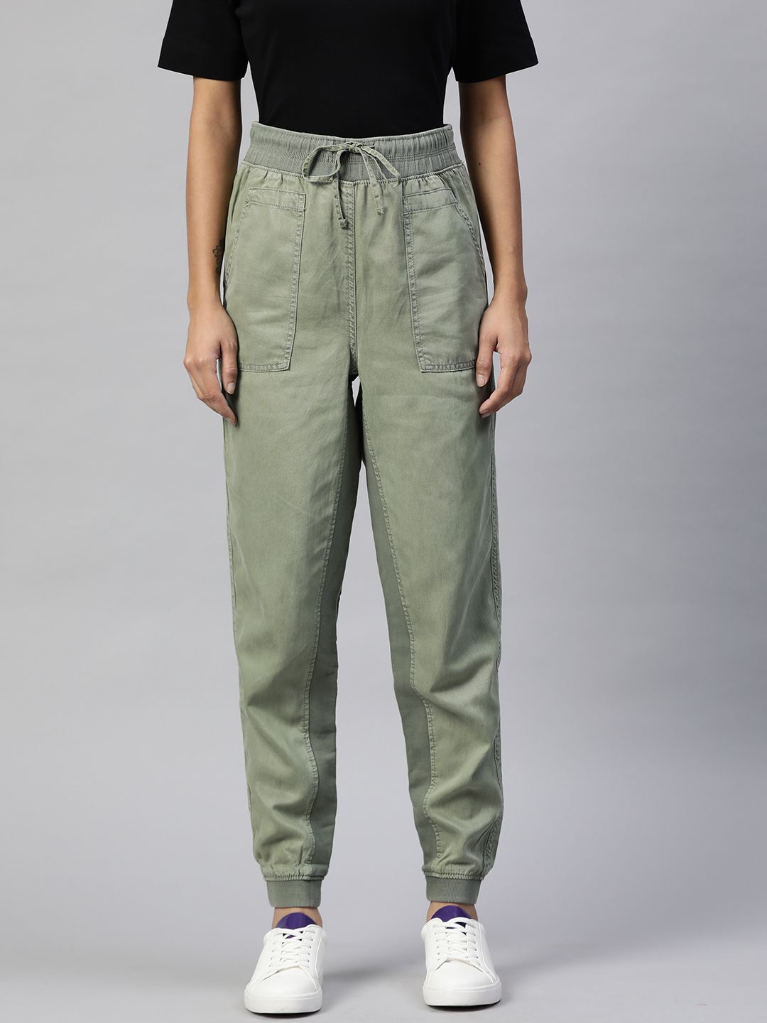 Marks & Spencer Women Sage Green Solid Joggers Price in India