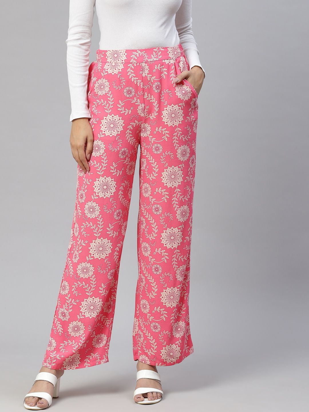 Marks & Spencer Women Pink & Cream-Coloured Ethnic Motifs Printed High-Rise Trousers Price in India