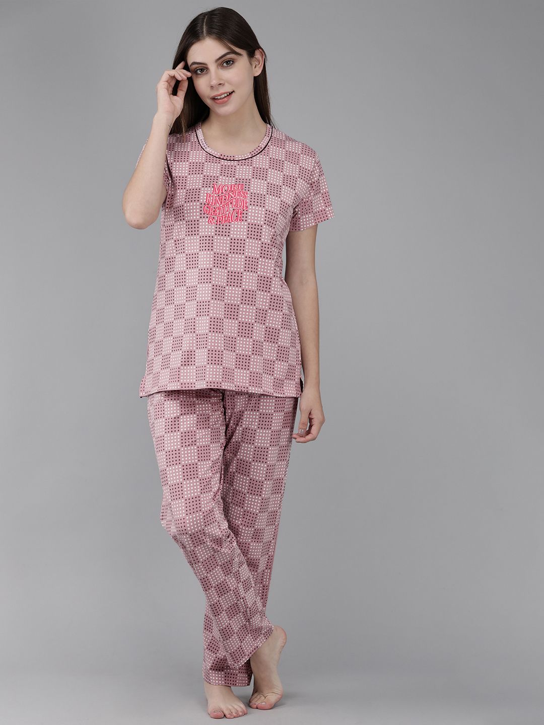 Zeyo Women Dusty Pink & White Printed Night suit Price in India