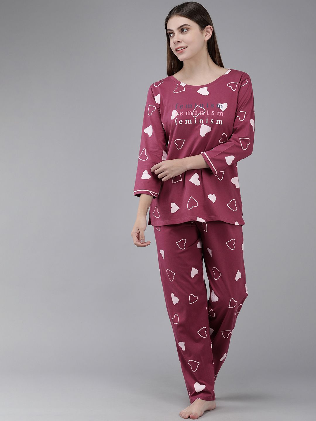 Zeyo Women Burgundy & Off White Printed Night suit Price in India