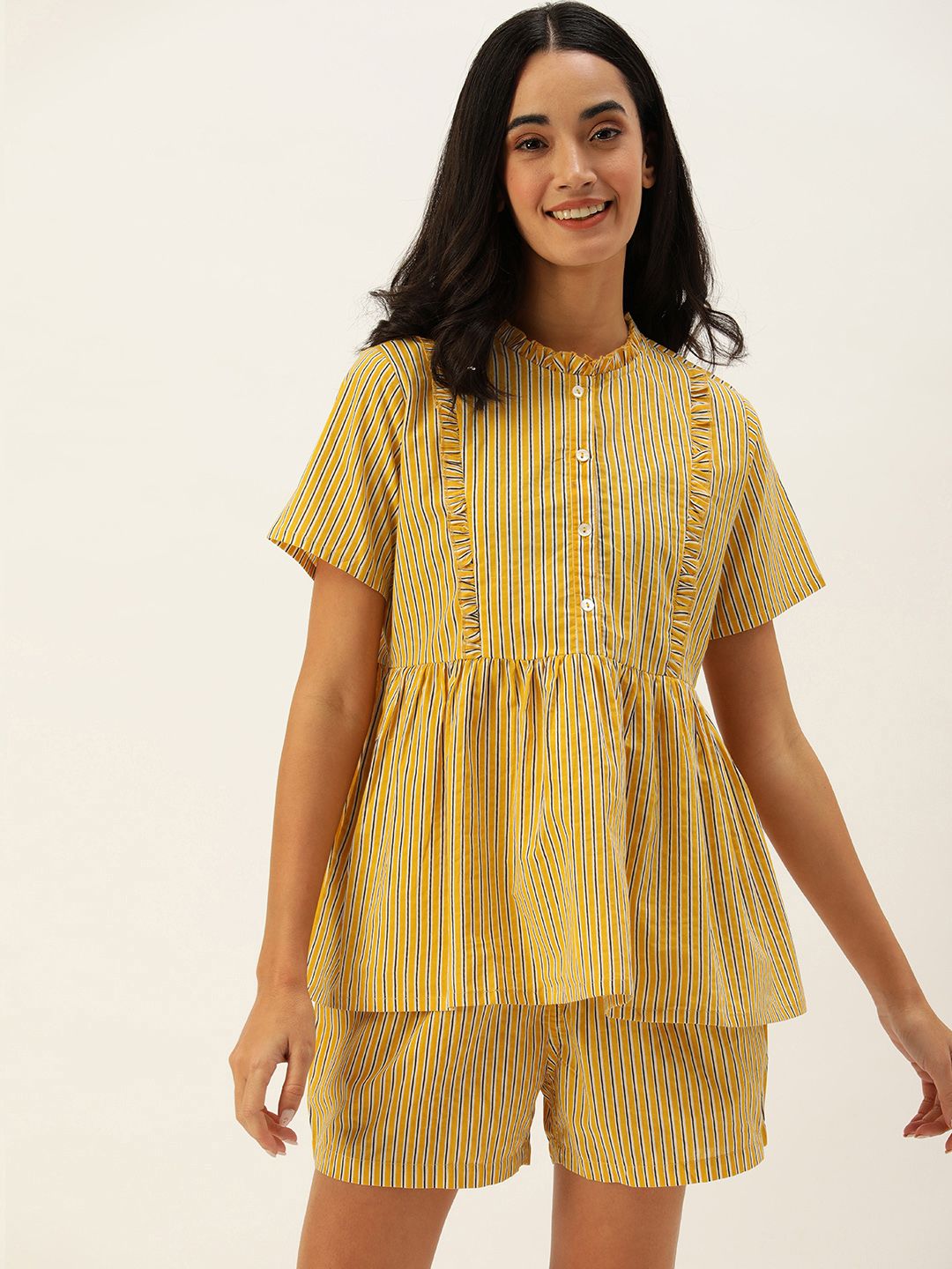 SANSKRUTIHOMES Women Yellow & Blue Striped Night suit Price in India