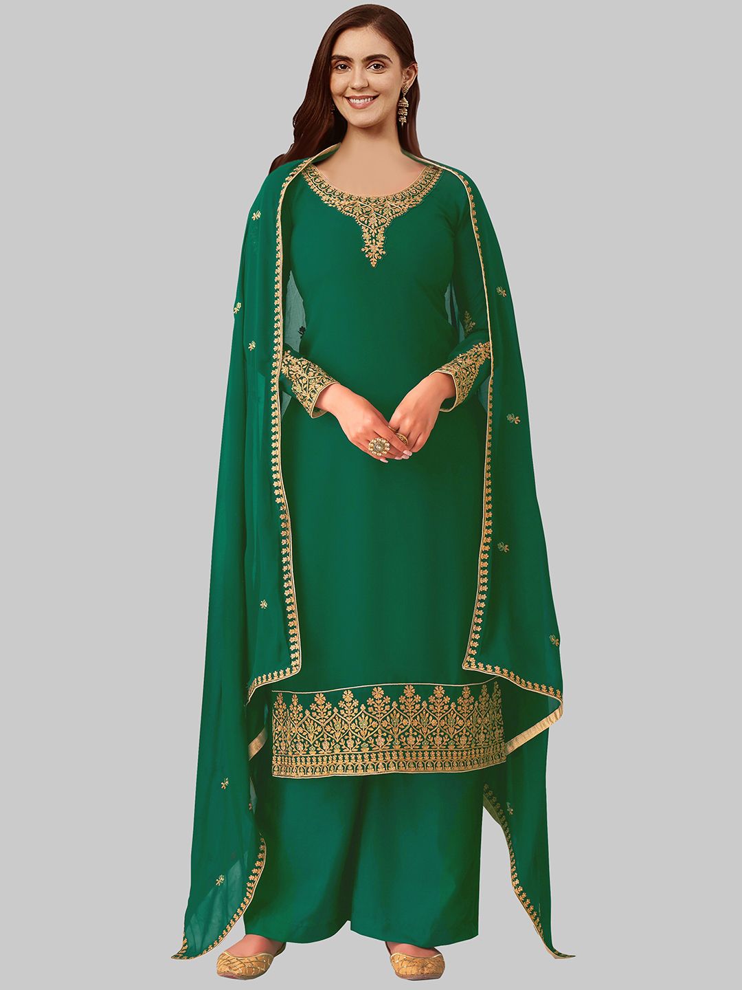 Fashionuma Green & Gold-Toned Semi-Stitched Dress Material Price in India