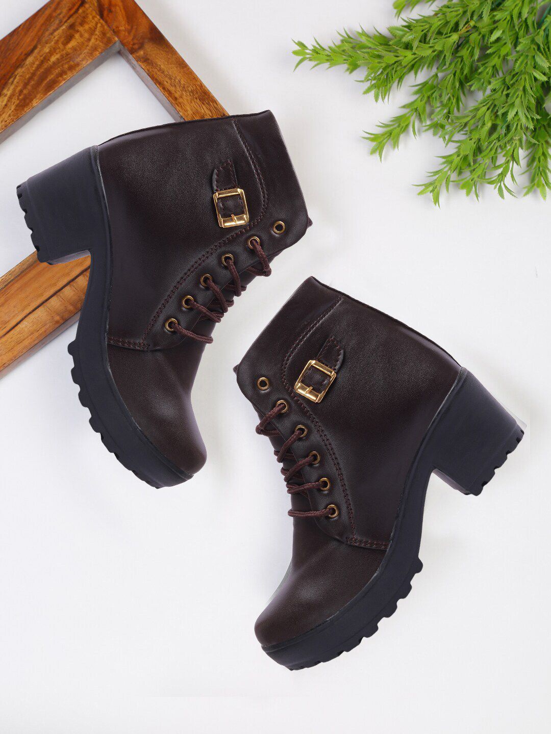 FASHIMO Women Brown High Ankle Block Boots With Buckle Detailing Price in India