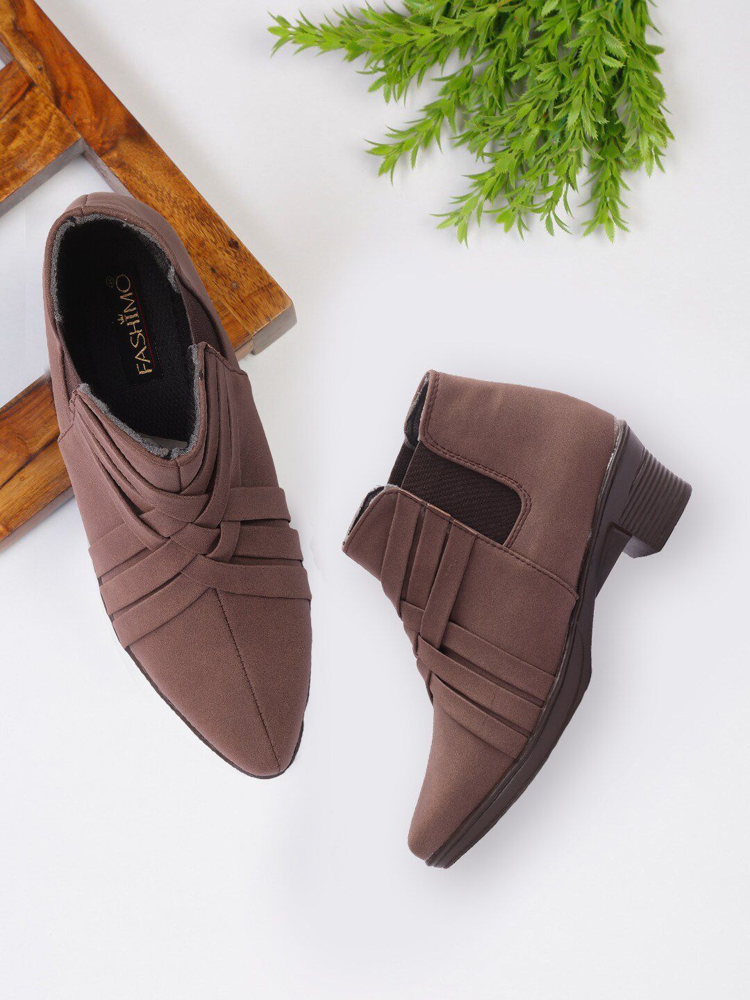 FASHIMO Women Brown Self Design Block Heel Boot Price in India