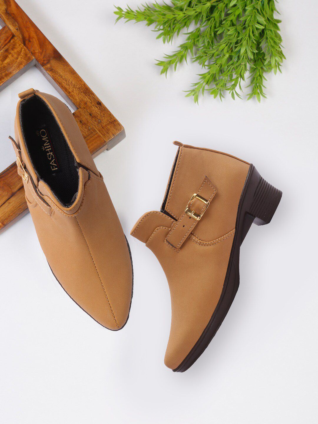 FASHIMO Women Tan Brown Block Heel Boot With Buckle Detail Price in India