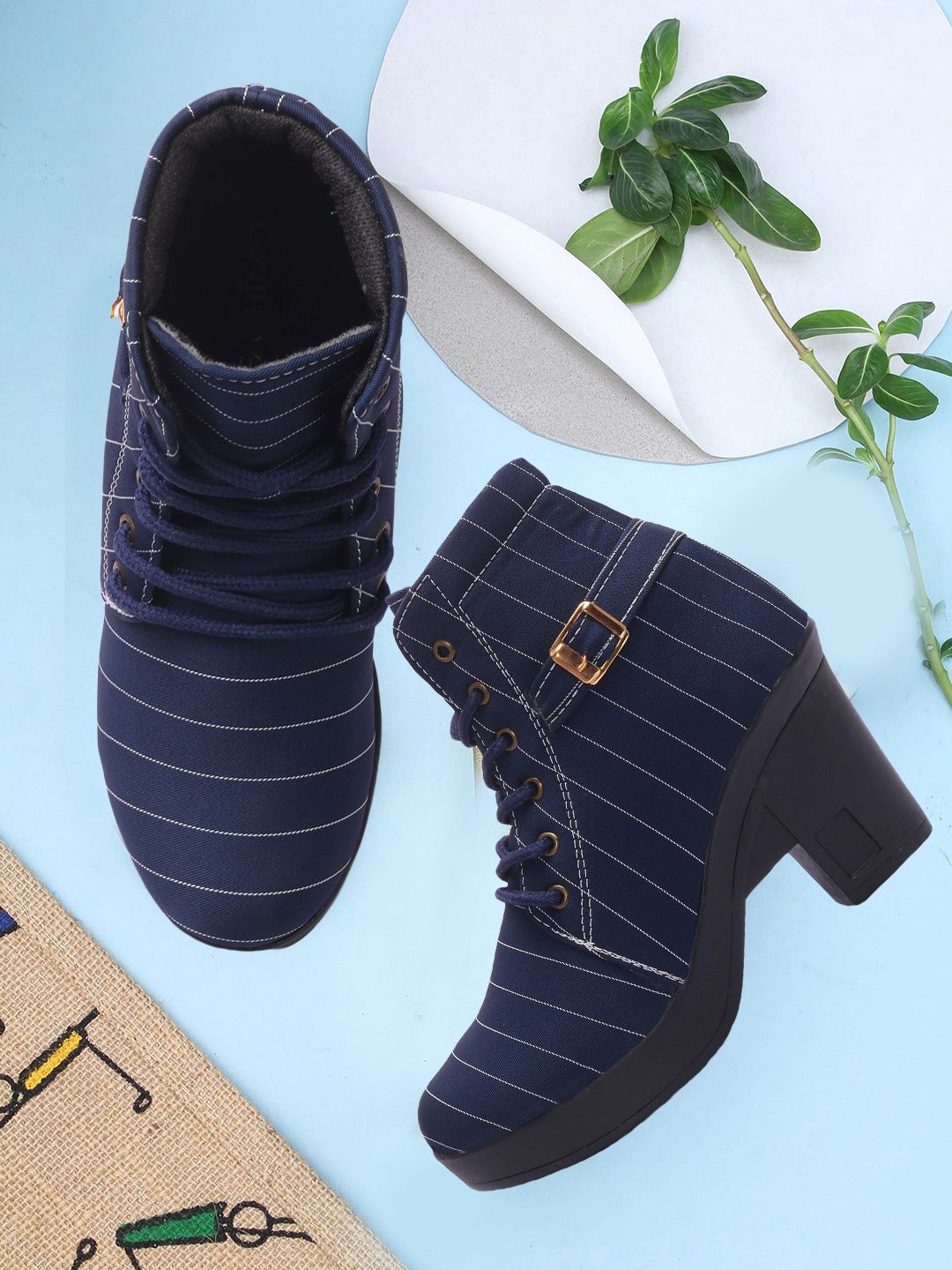 FASHIMO Women Navy Blue  & White Striped Heel Boot Price in India