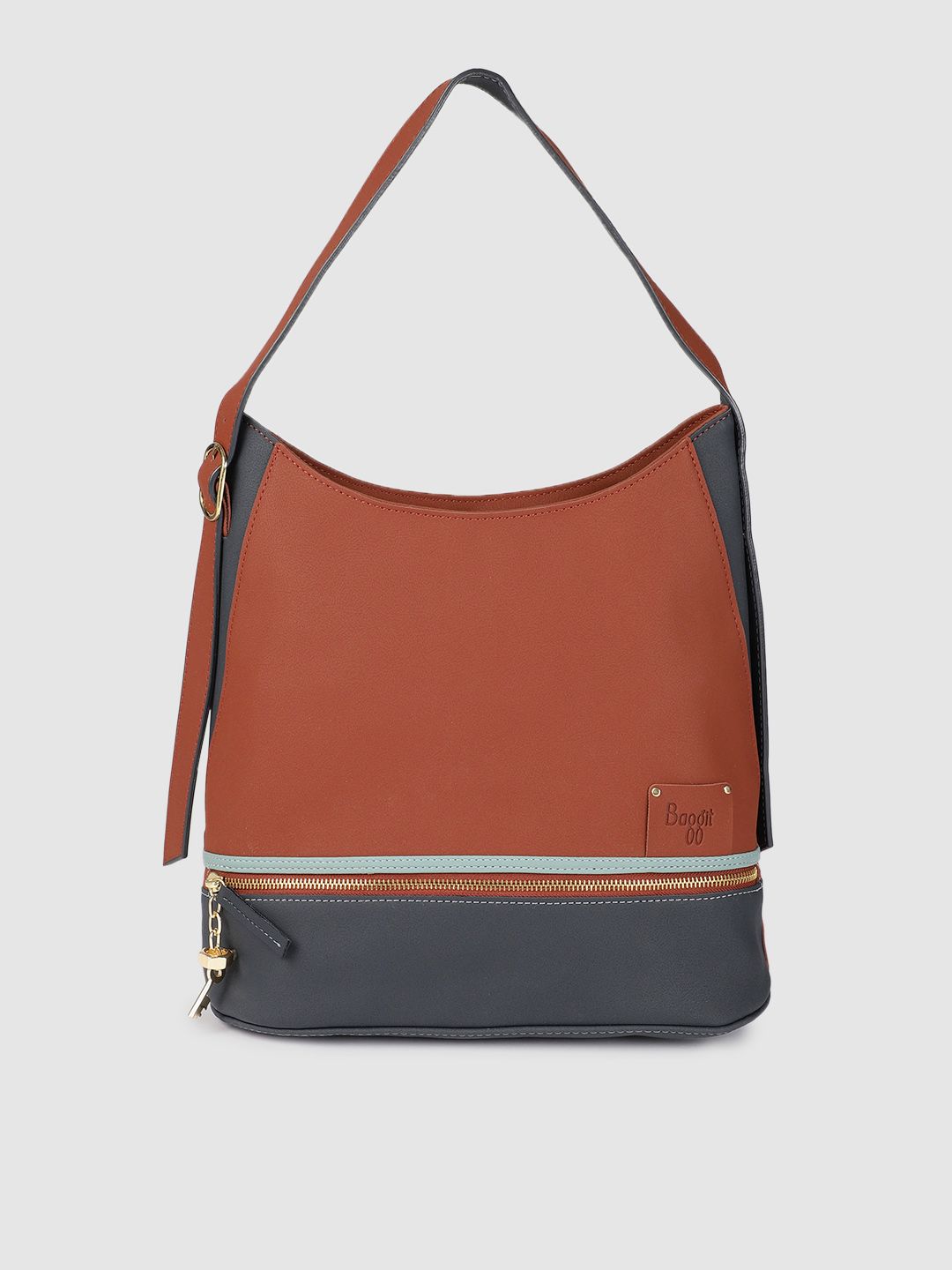 Baggit Brown and Navy Blue Colourblocked Structured Hobo Bag Price in India