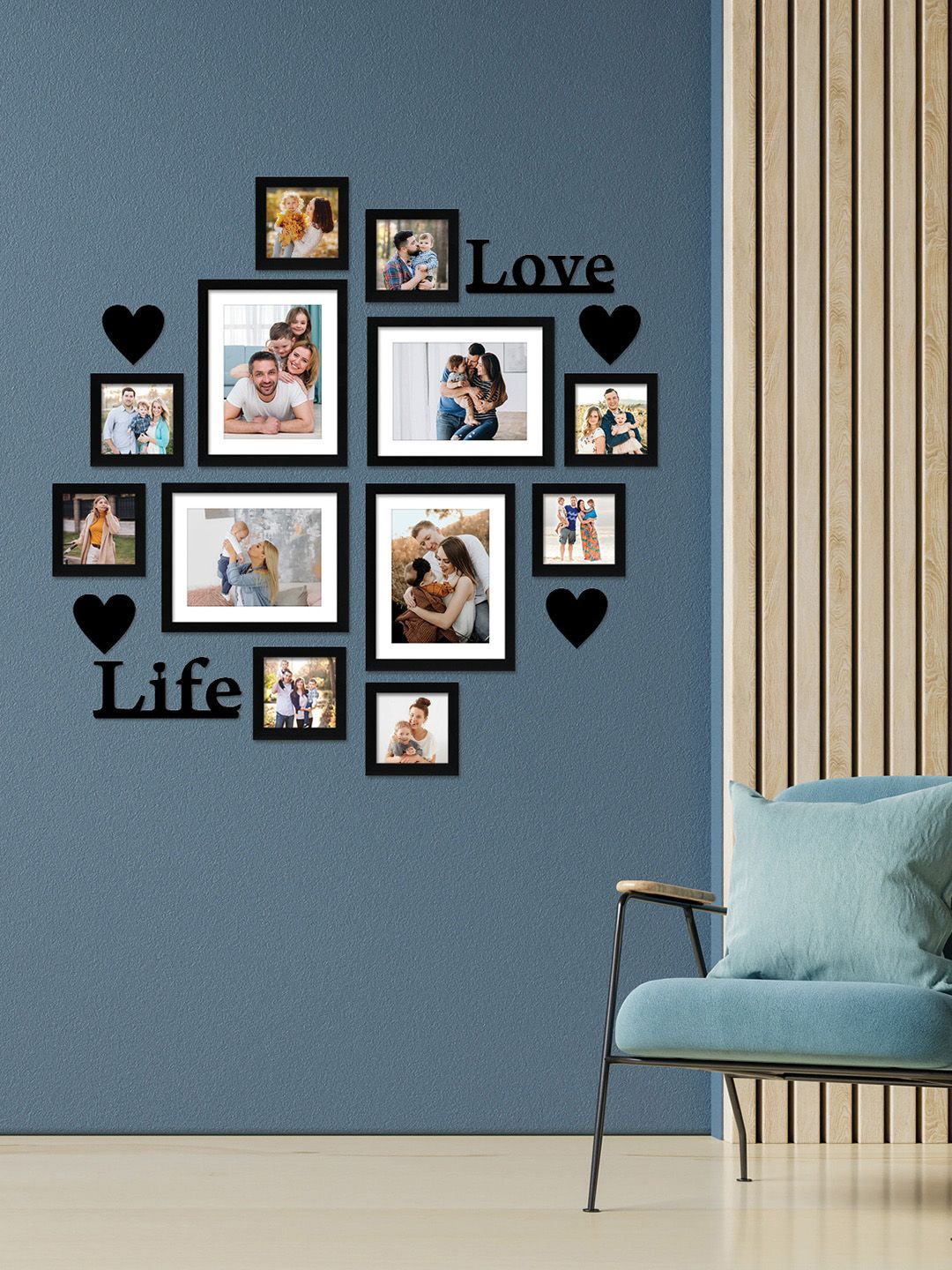 RANDOM Set Of 12 Black Solid Wall Photo Frames With Love Life & Heart Plaque Price in India
