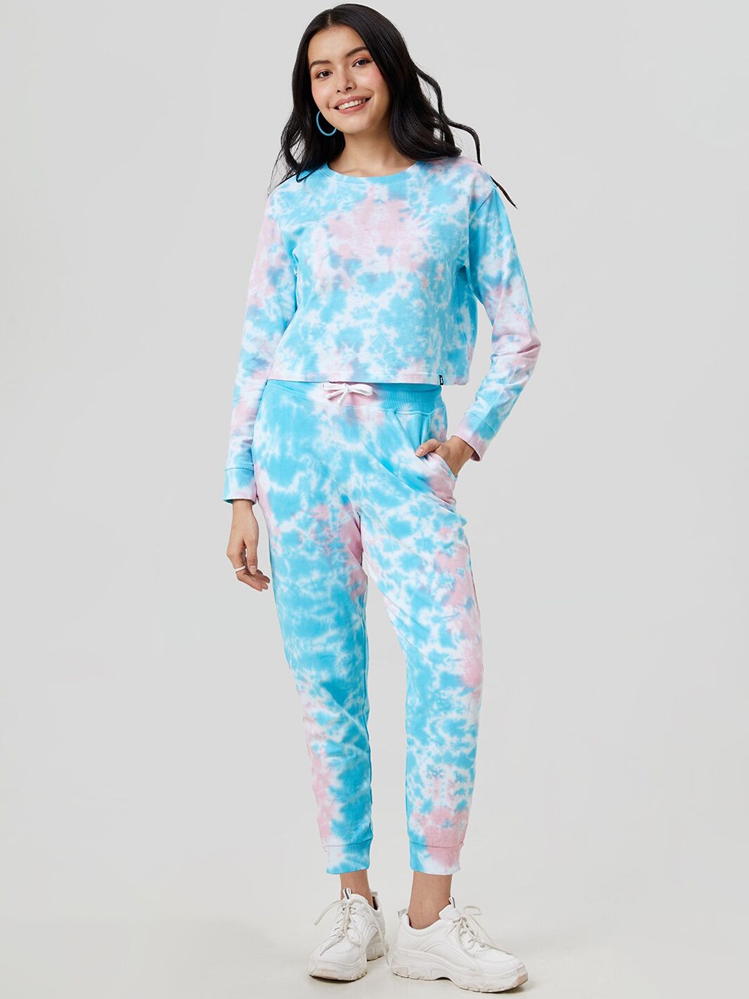 The Souled Store Women Blue Tie Dye Printed T-Shirt & Joggers