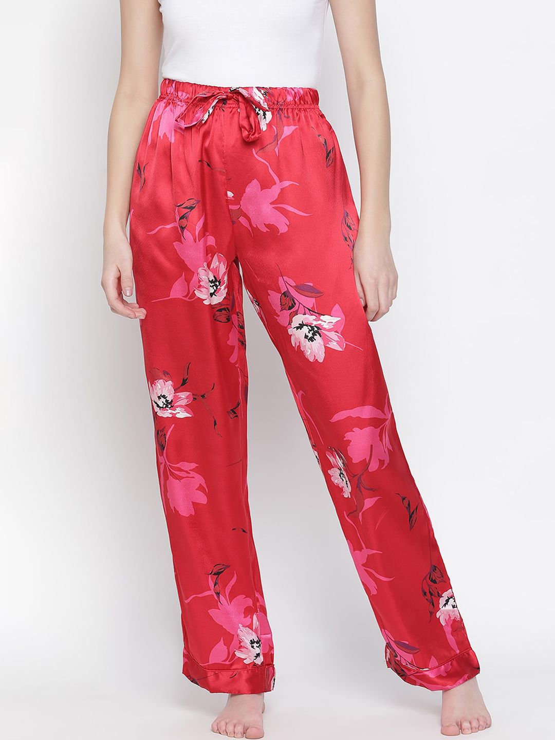 Oxolloxo Women Red & Pink Floral Printed Satin Lounge Pants Price in India