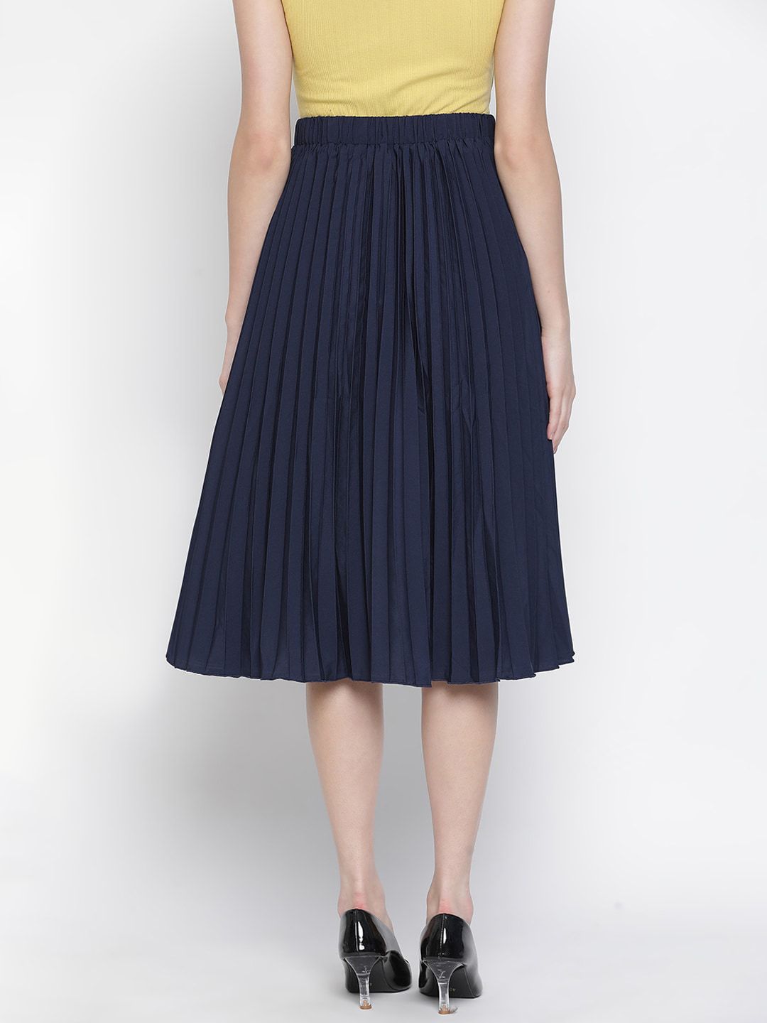 Buy Oxolloxo Women Navy Blue Solid Pleated Flared Midi Skirt