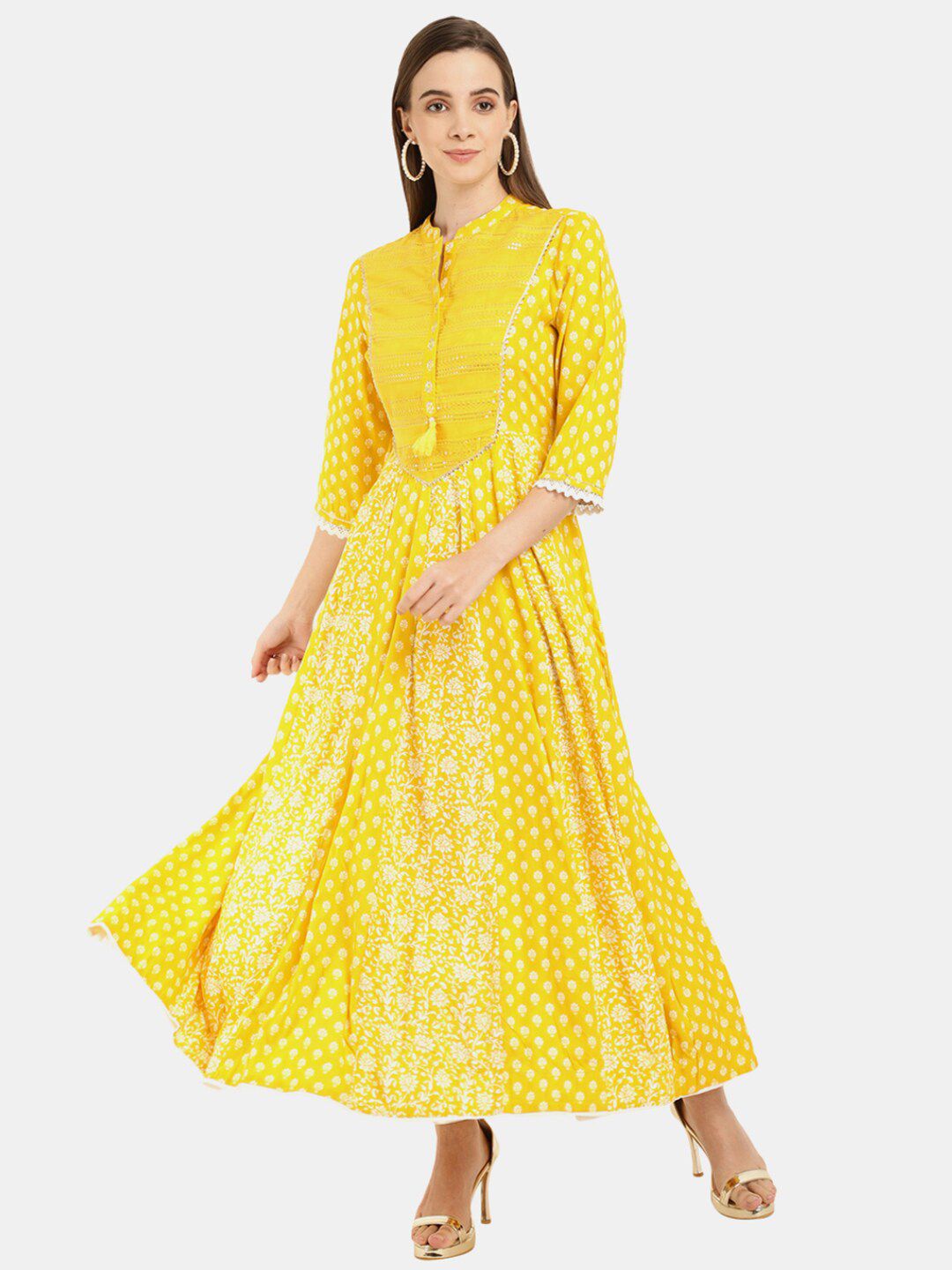 Desi Mix Yellow Ethnic Motifs Satin Maxi Dress Price in India