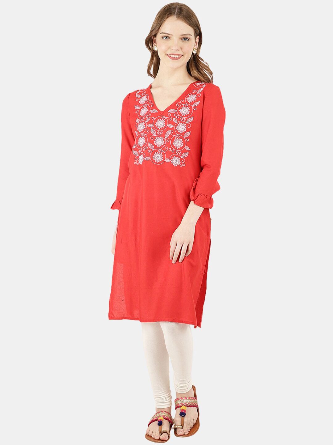 Desi Mix Women Red Floral  Ethnic Solid Rayon Round Neck Kurta Price in India