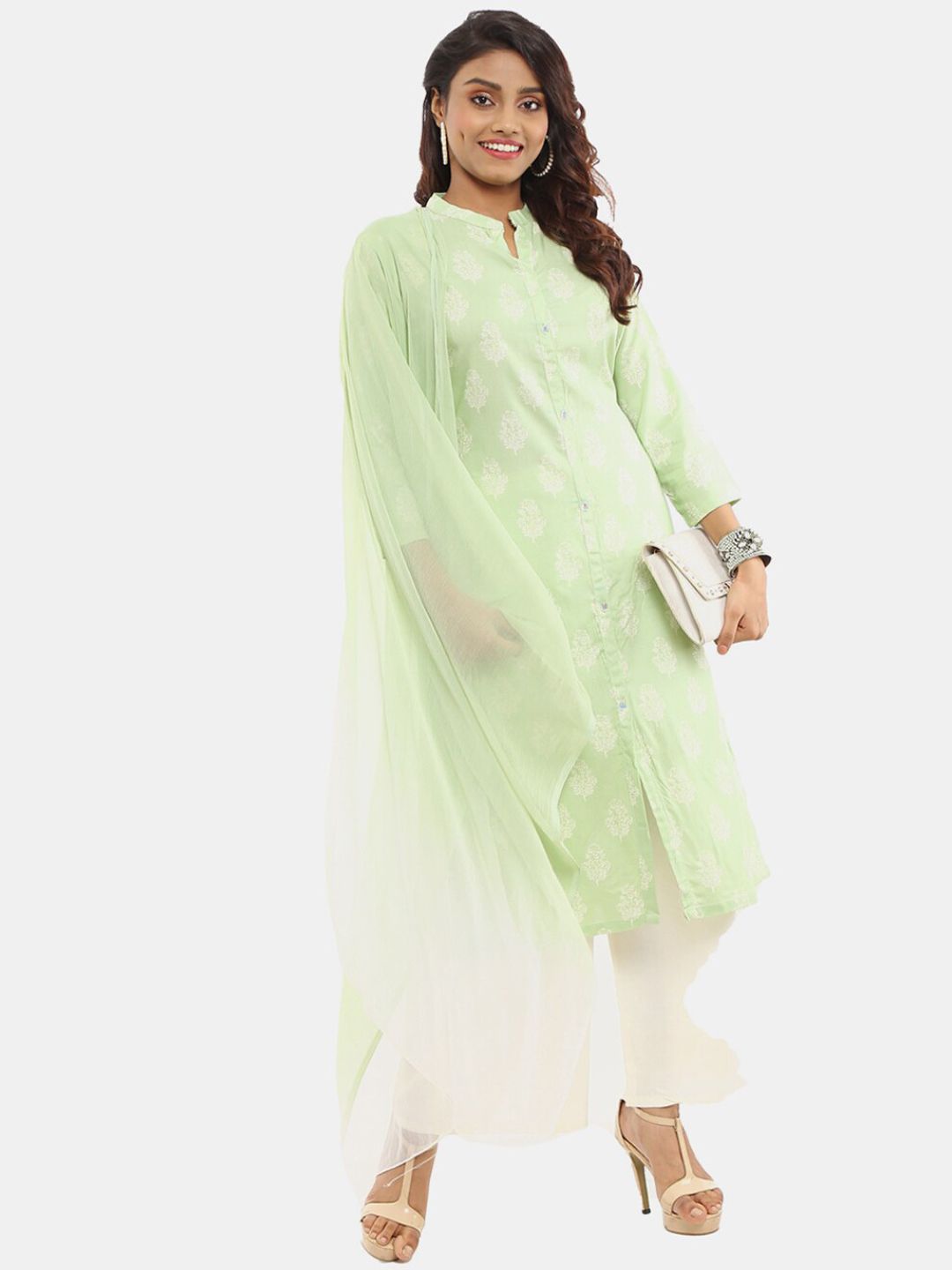 Desi Mix Women Green Striped Thread Work Kurta Price in India