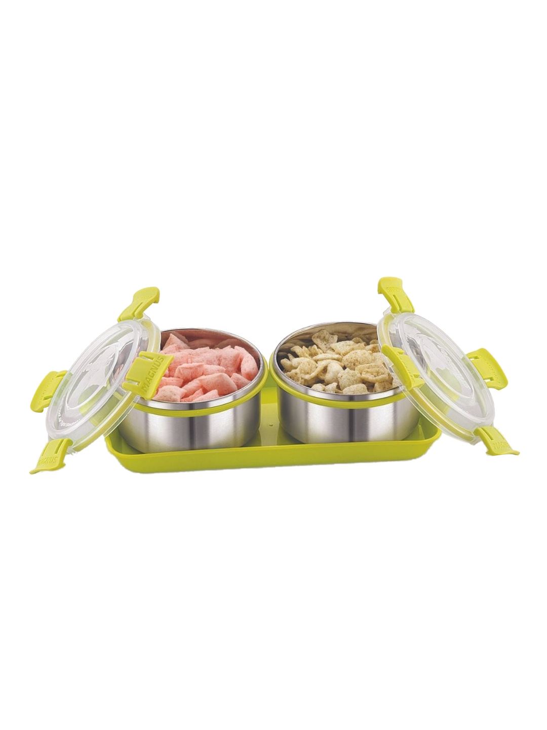 MAGNUS Pack of 2 Silver-Toned & Green Solid Lunch Boxes With Tray Price in India