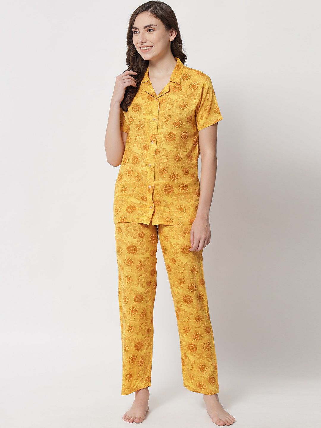 Klamotten Women Yellow & Orange Printed Night suit Price in India