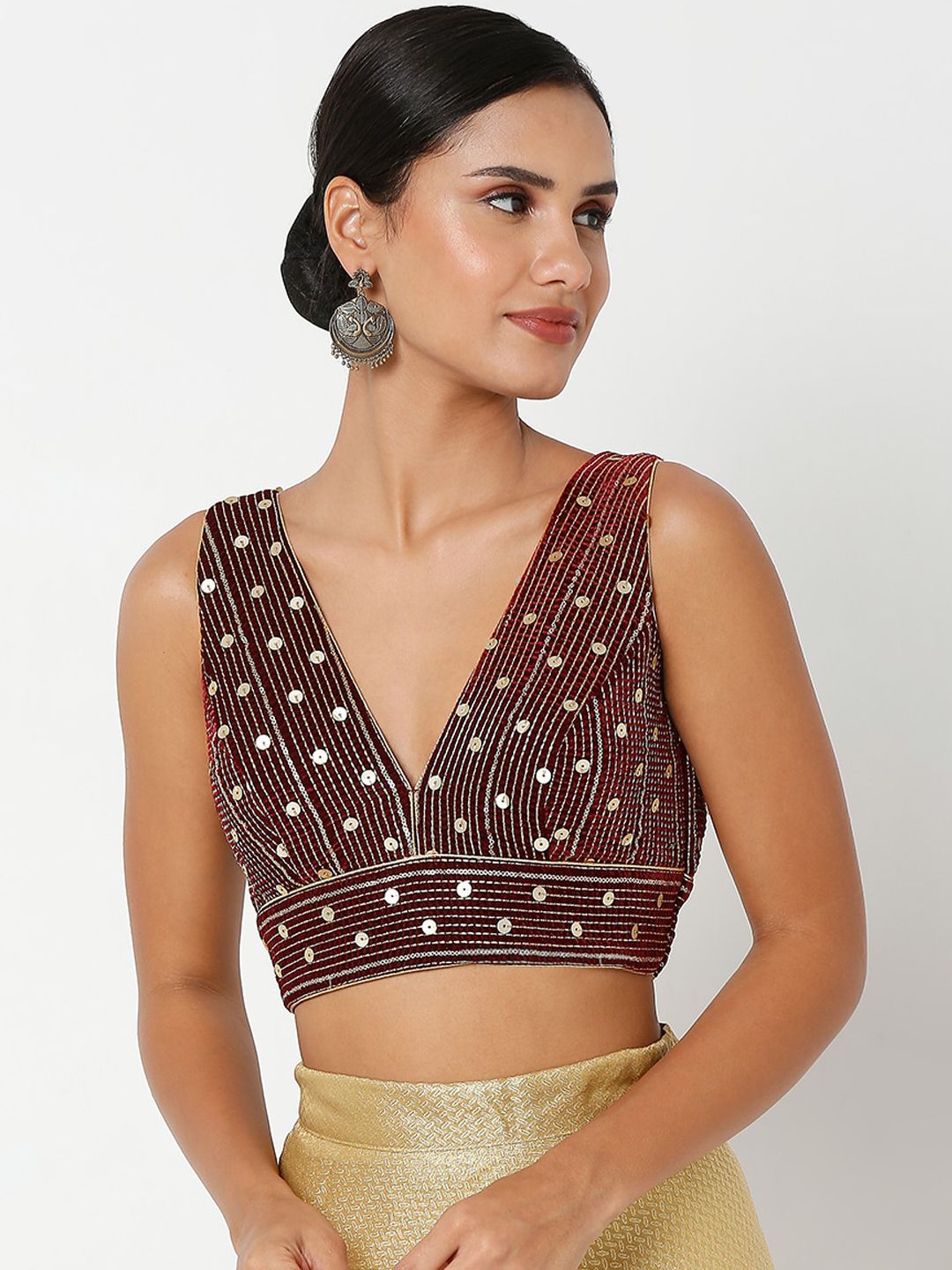 SALWAR STUDIO Maroon & Gold-Colored Embroidered Readymade Saree Blouse Price in India