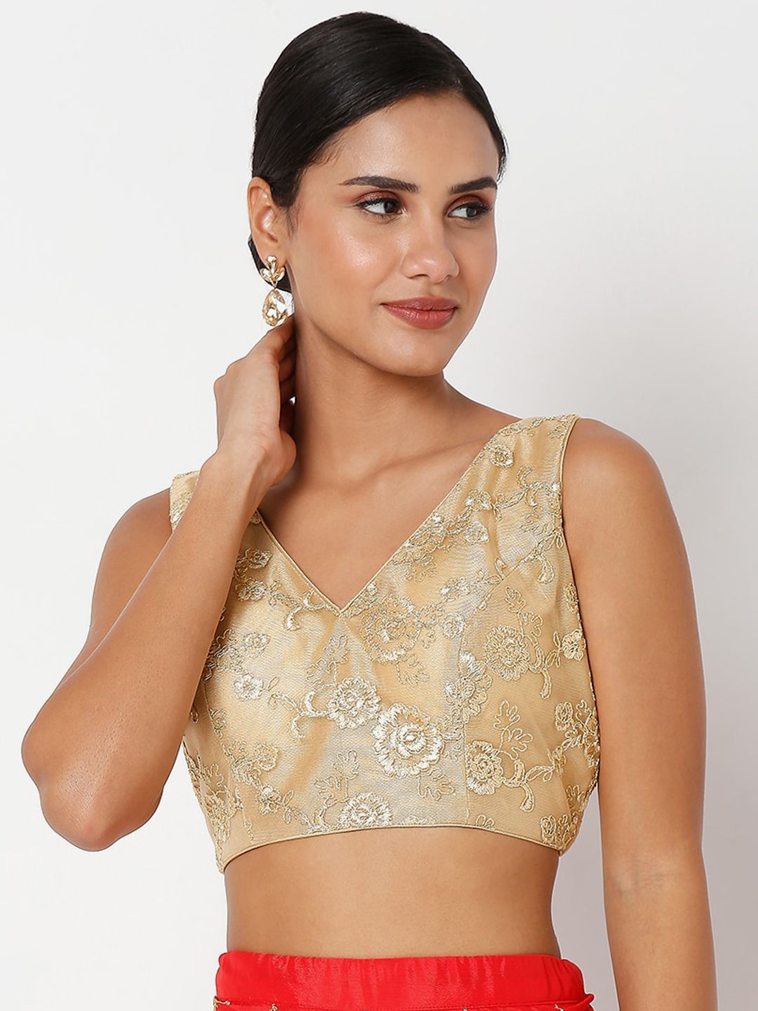 SALWAR STUDIO Women Gold Coloured Embellished Saree Blouse Price in India