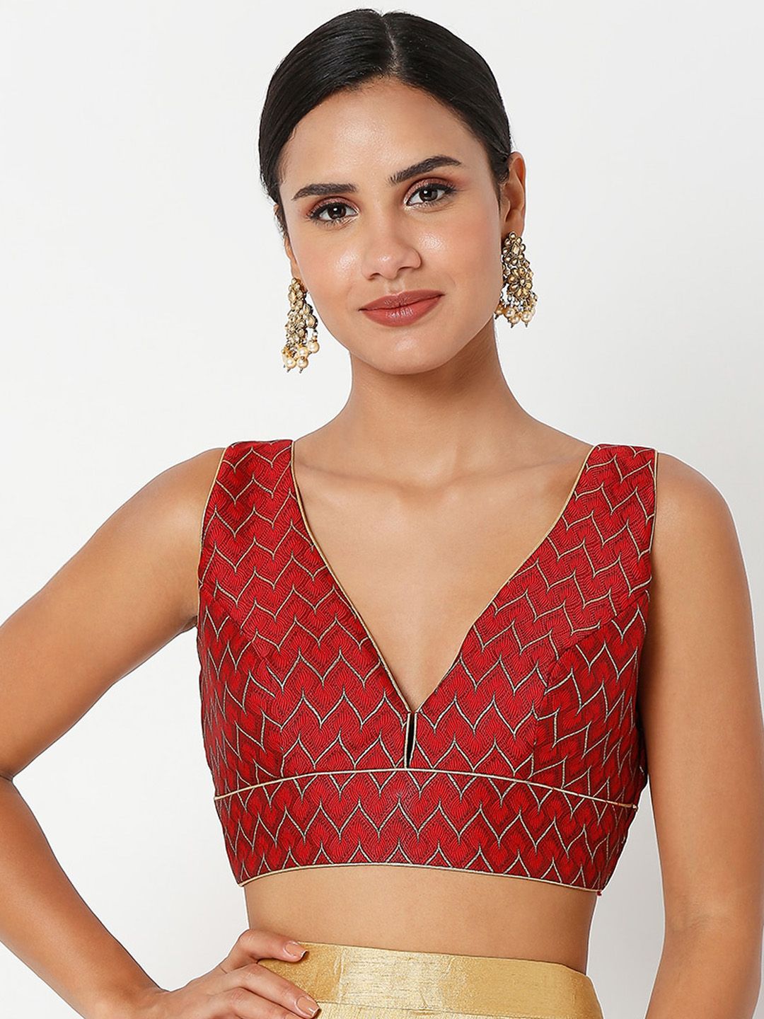 SALWAR STUDIO Women Maroon Woven-Design Brocade Saree Blouse Price in India