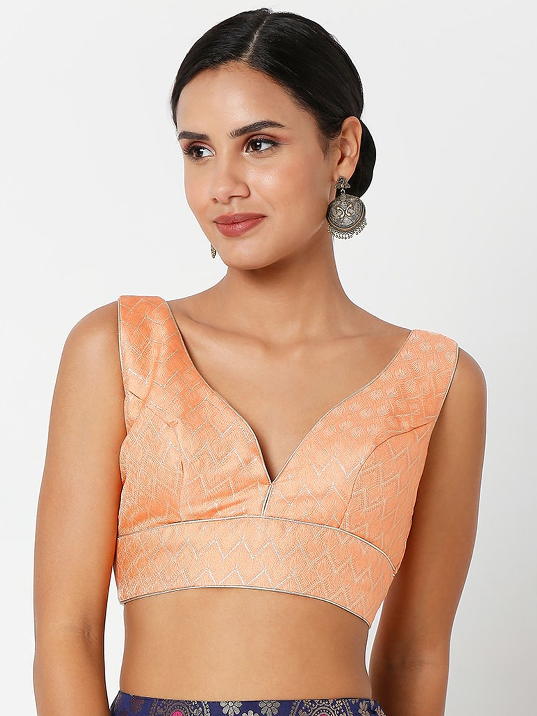 SALWAR STUDIO Women Peach Self Design Brocade Saree Blouse Price in India