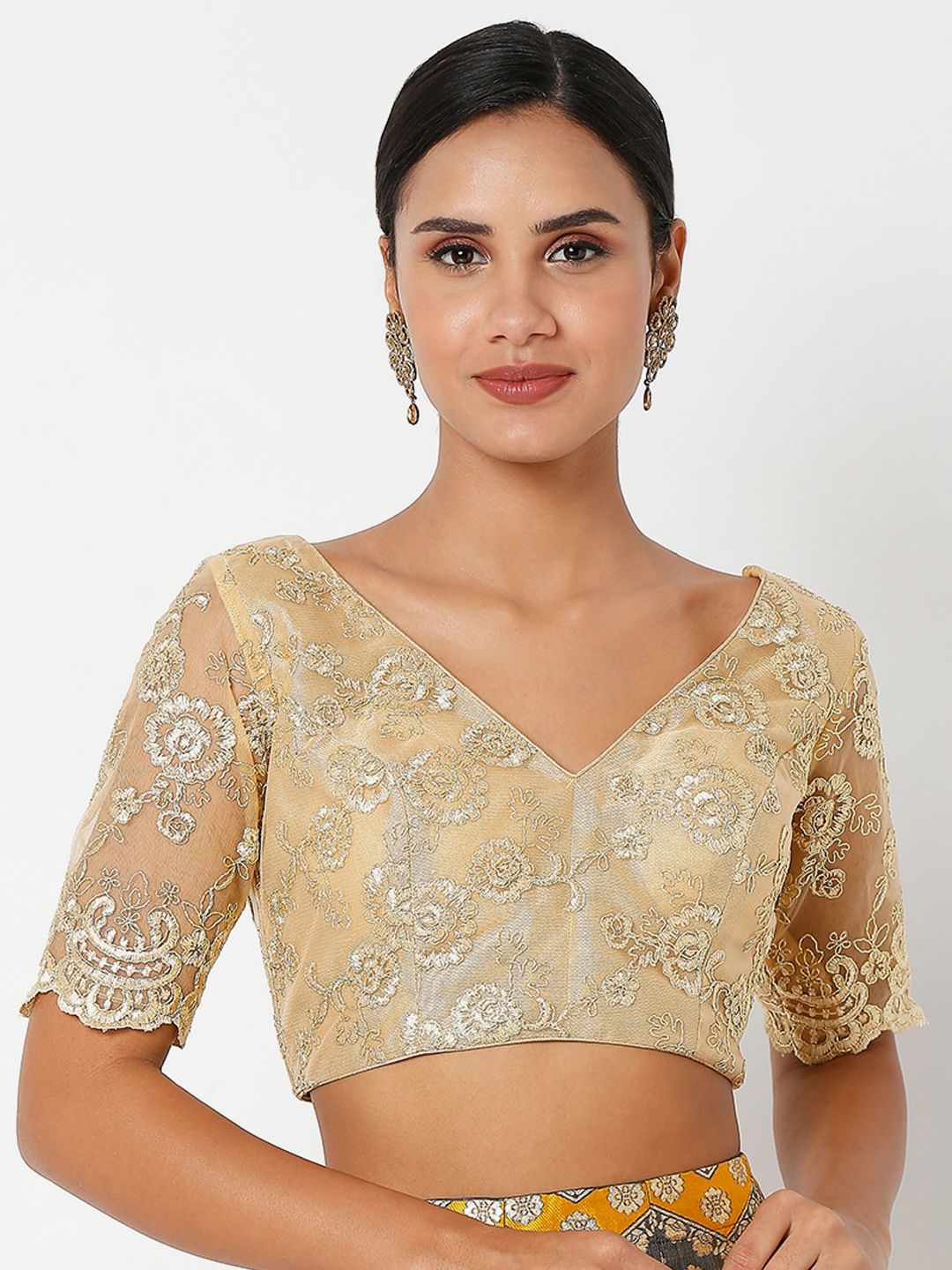 SALWAR STUDIO Women Gold-Coloured Embroidered Saree Blouse Price in India