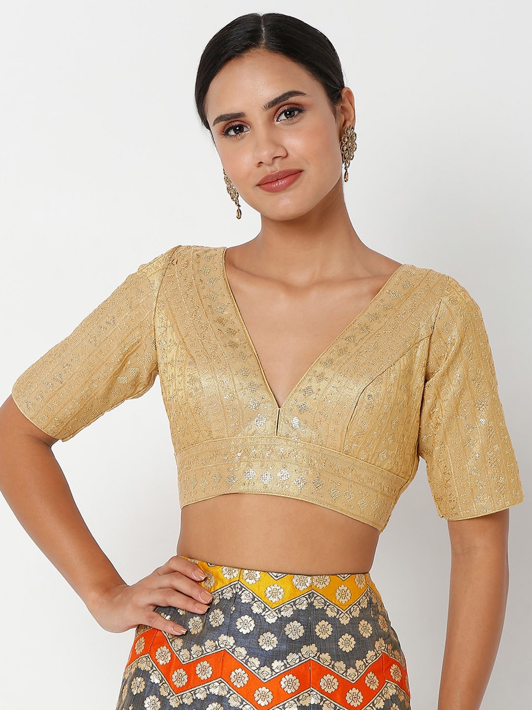 SALWAR STUDIO Women Gold-Coloured Embroidered Saree Blouse Price in India