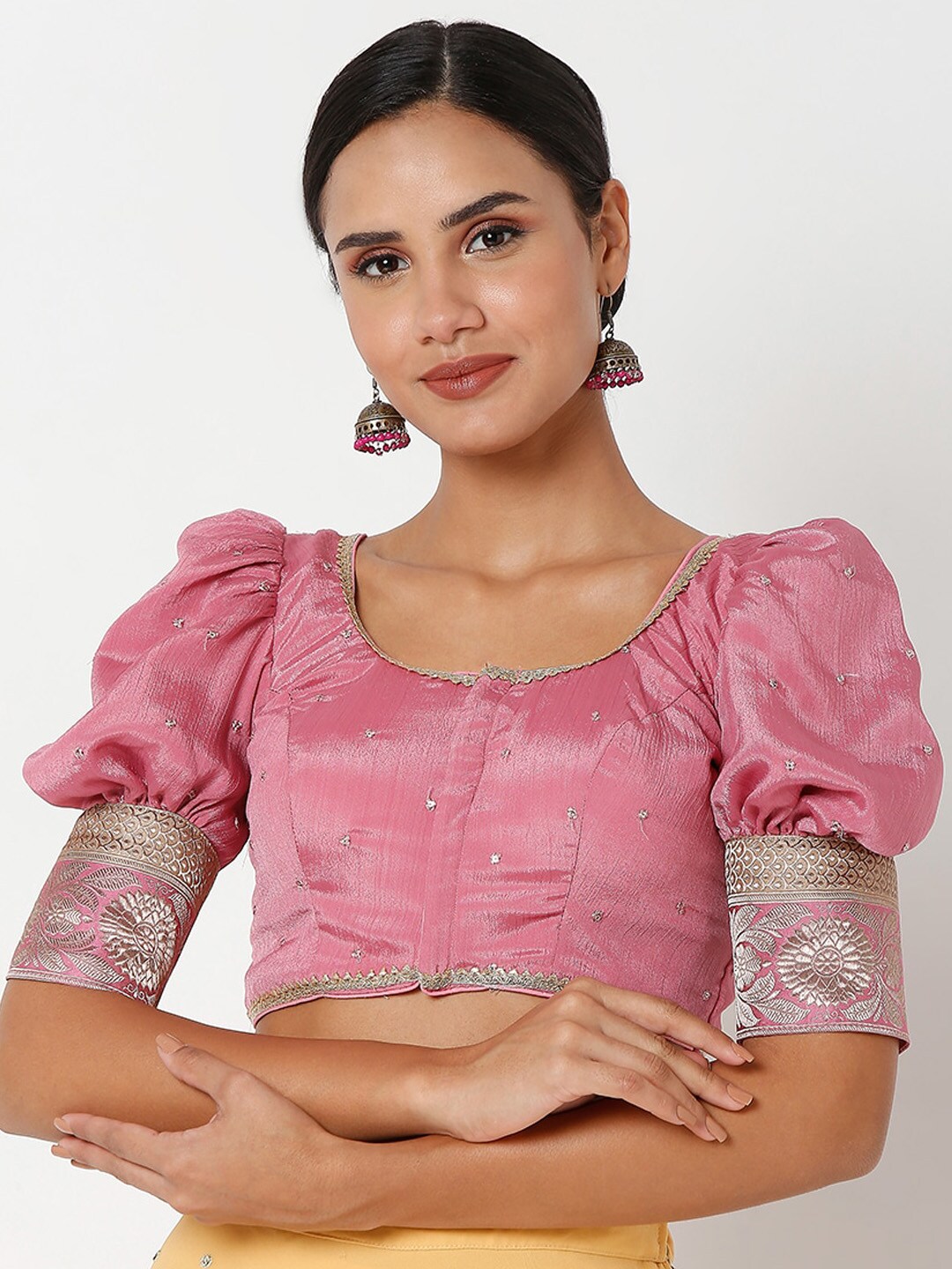 SALWAR STUDIO Women Pink Self Design Silk Saree Blouse Price in India