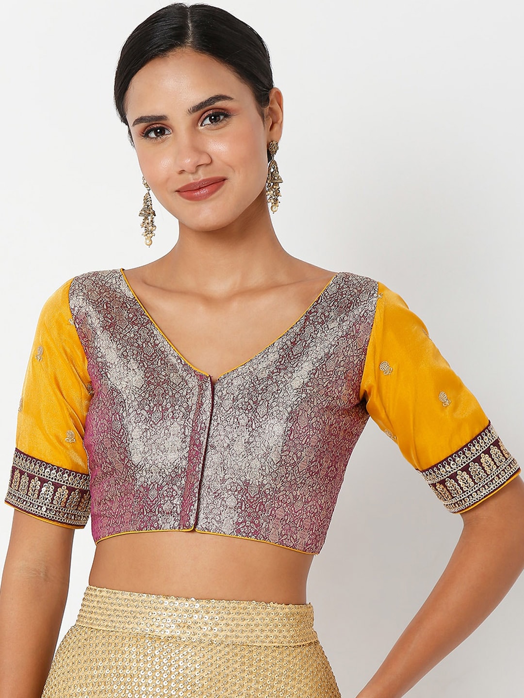 SALWAR STUDIO Women Yellow & Burgundy Embroidered Saree Blouse Price in India